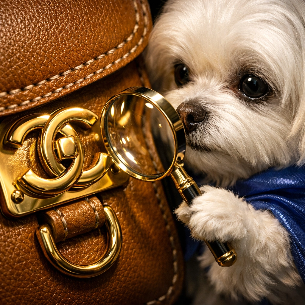 Expert Daisy inspecting gold hardware for a professional luxury authentication service.