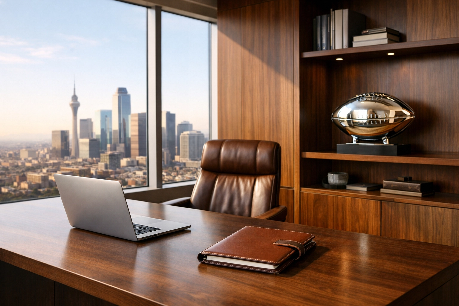 Professional executive office with a commemorative football, symbolizing strategic long-term corporate ROI.