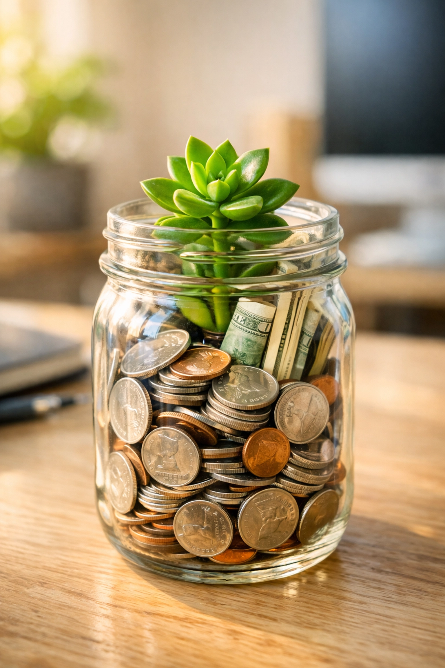 A glass jar filled with coins and a growing plant, representing how to start building a financial foundation.