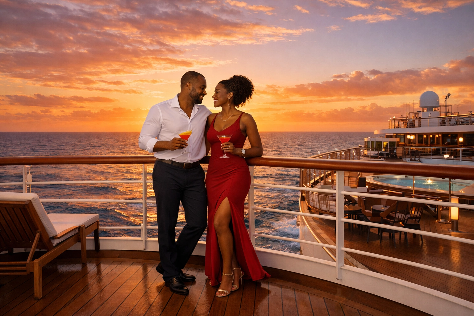 Black couple enjoying sunset cocktails on a ship deck, curated by a Lifestyle Cruises travel agent.