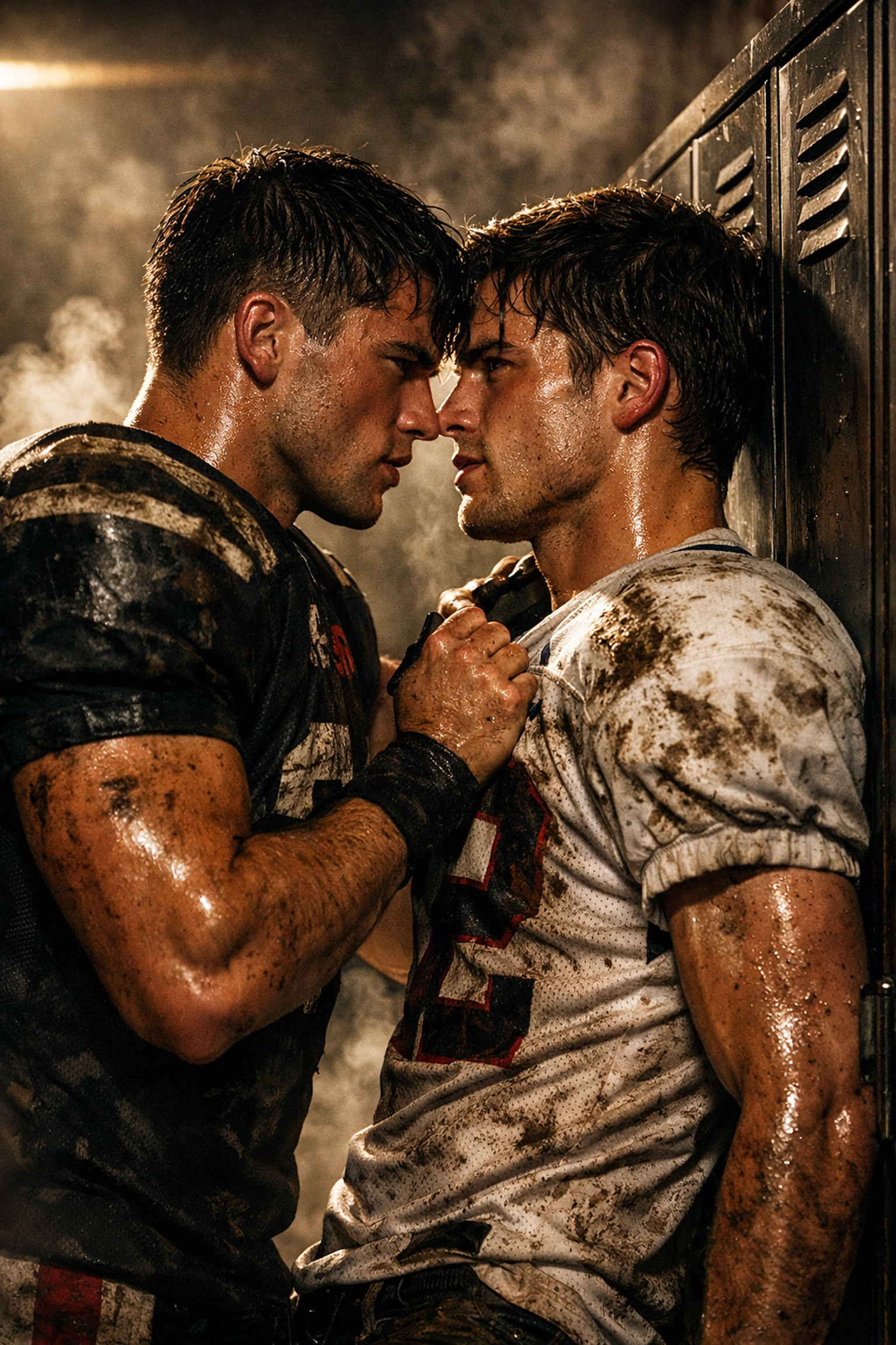Two male football rivals in a gritty locker room standoff, a classic enemies to lovers trope in MM romance books.