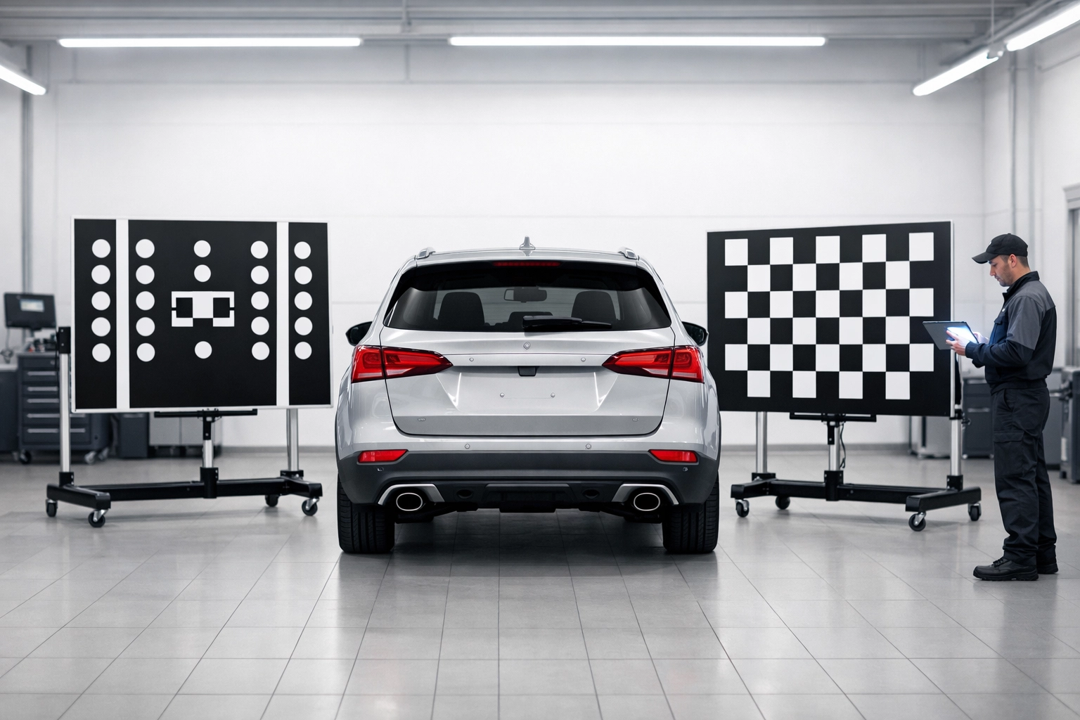 ADAS calibration in a professional service bay using geometric targets and digital diagnostics for vehicle safety.