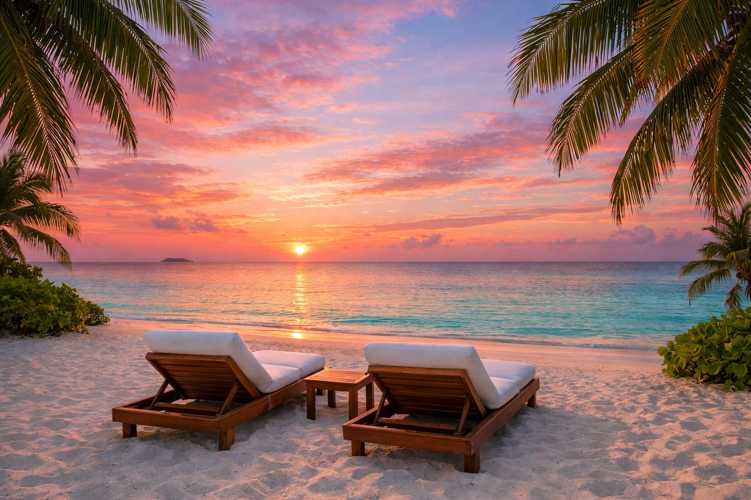 Private beach with lounge chairs at couples-only all-inclusive resort at sunset