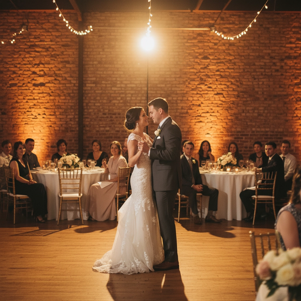 A couple shares a first dance at a wedding in a warmly lit brick hall. Guests seated at round tables watch, with soft string lights overhead.