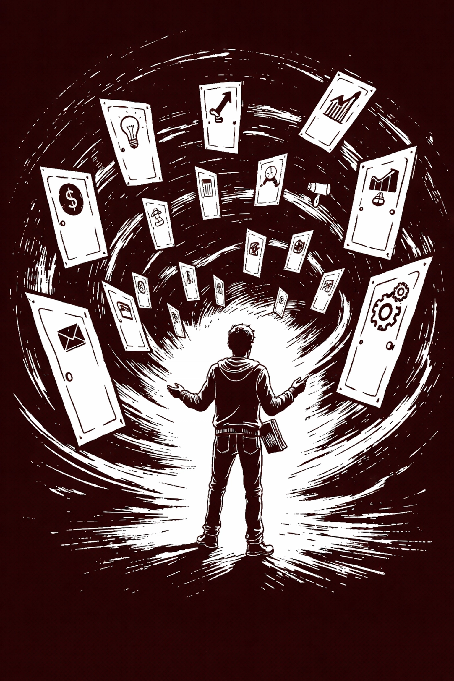 Overwhelmed creative professional lost in a maze of fragmented agency departments, showing one-stop shop challenges