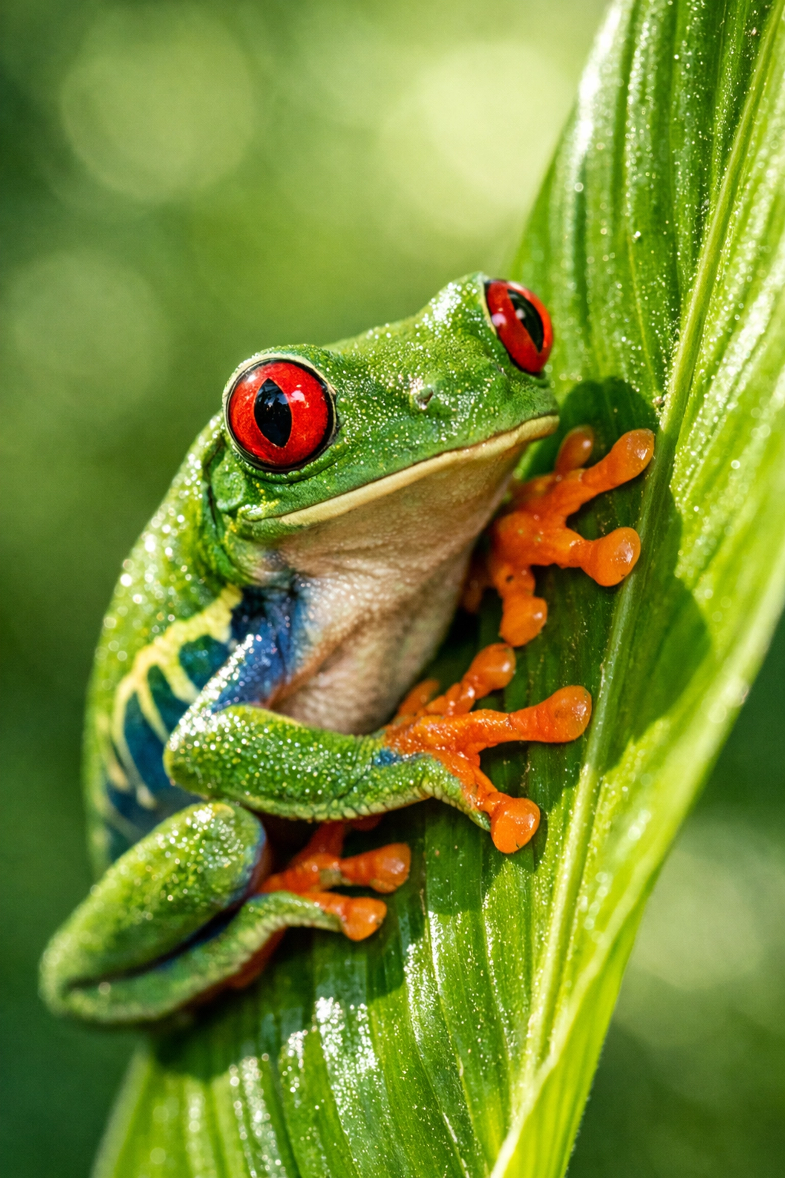 Detailed photography of a Red-Eyed Tree Frog on a green leaf for conservation storytelling.