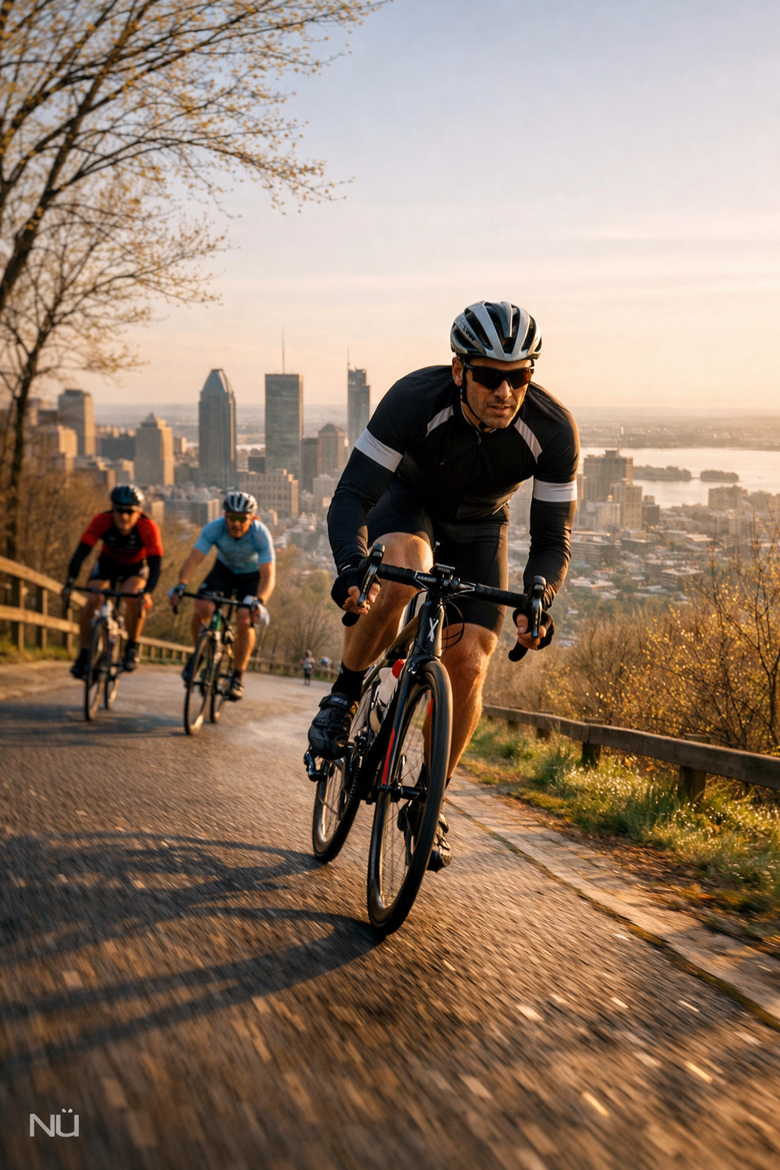 Group of cyclists riding on Mount Royal with the Montreal skyline in the background during spring.