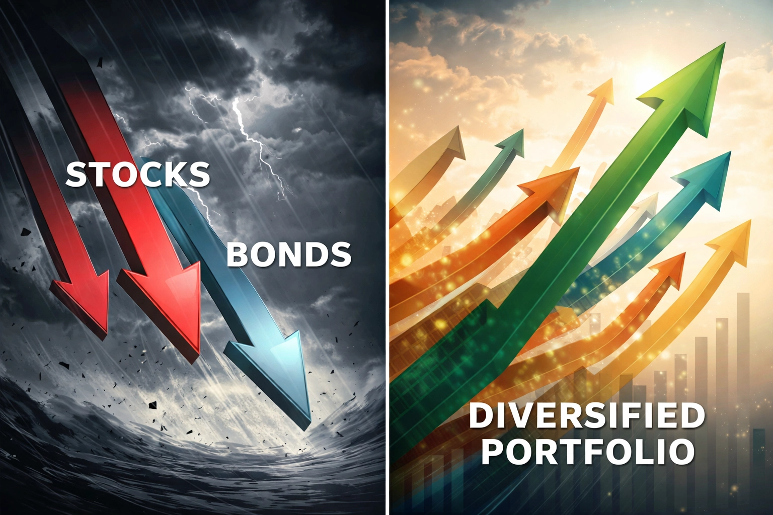 Split illustration comparing a declining traditional 60/40 portfolio and a rising diversified 40/30/30 portfolio