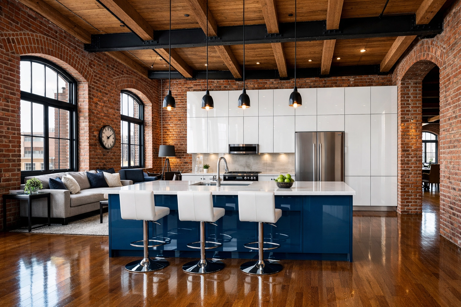 Immaculate open-concept Worcester loft with exposed brick and clean surfaces after a professional service.
