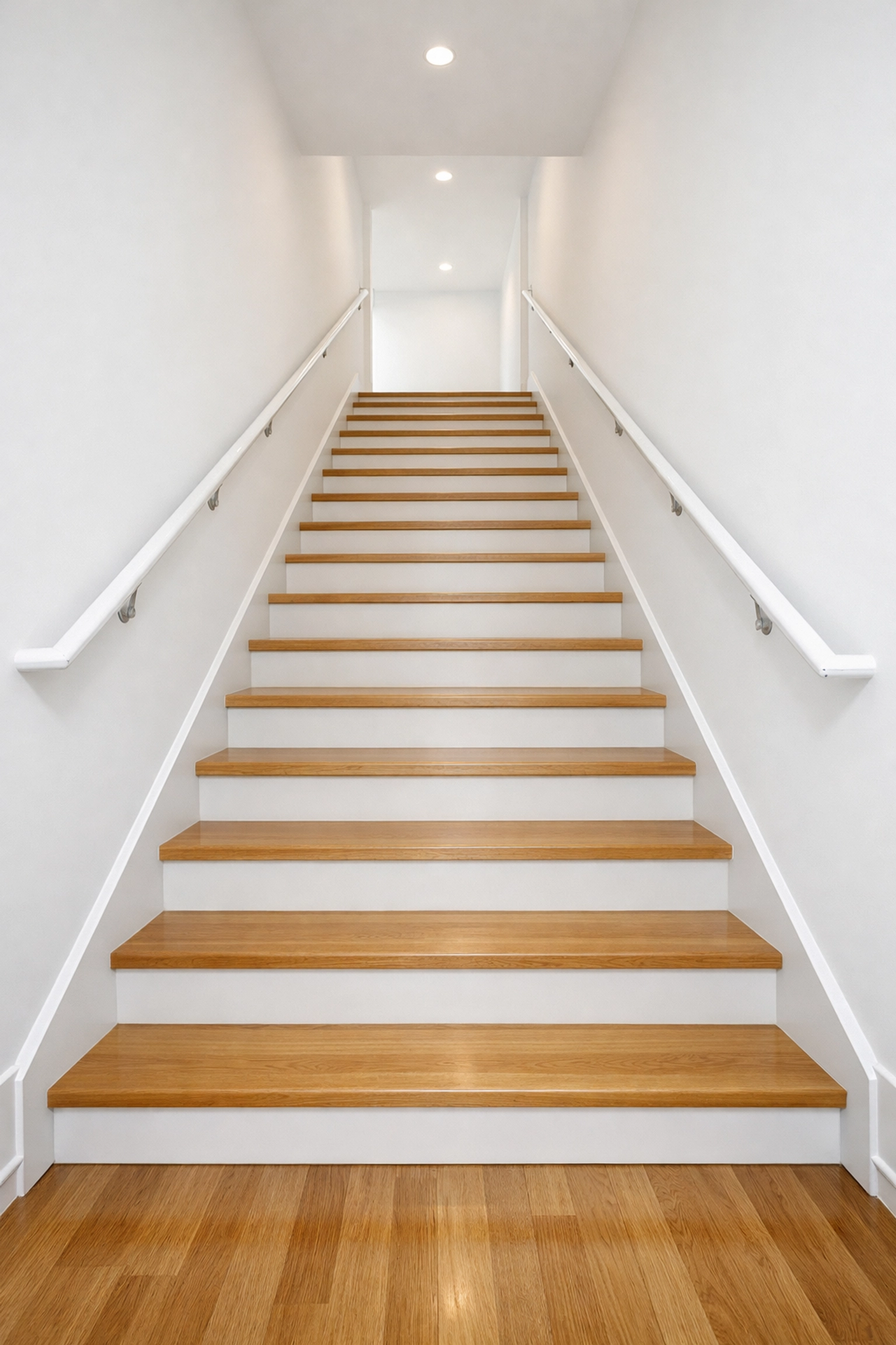 A clean, clutter-free wooden staircase providing a wide and unobstructed path for home mobility safety.