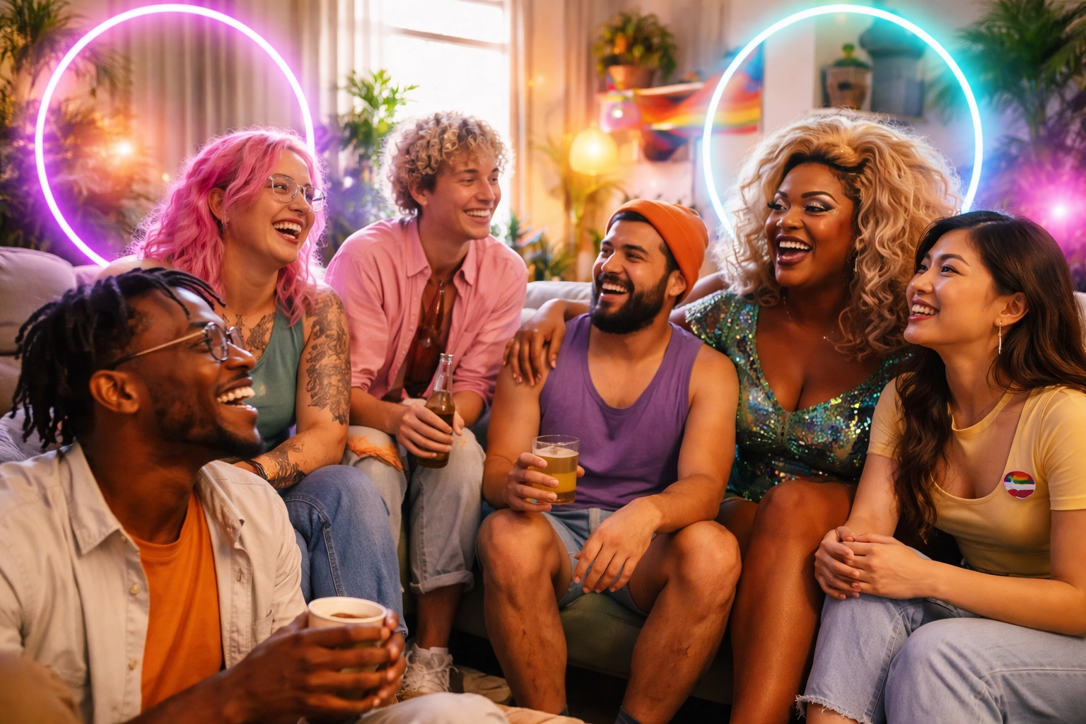 A group of diverse LGBTQ+ people enjoying community and laughter, celebrating connection among trans women and crossdressers.