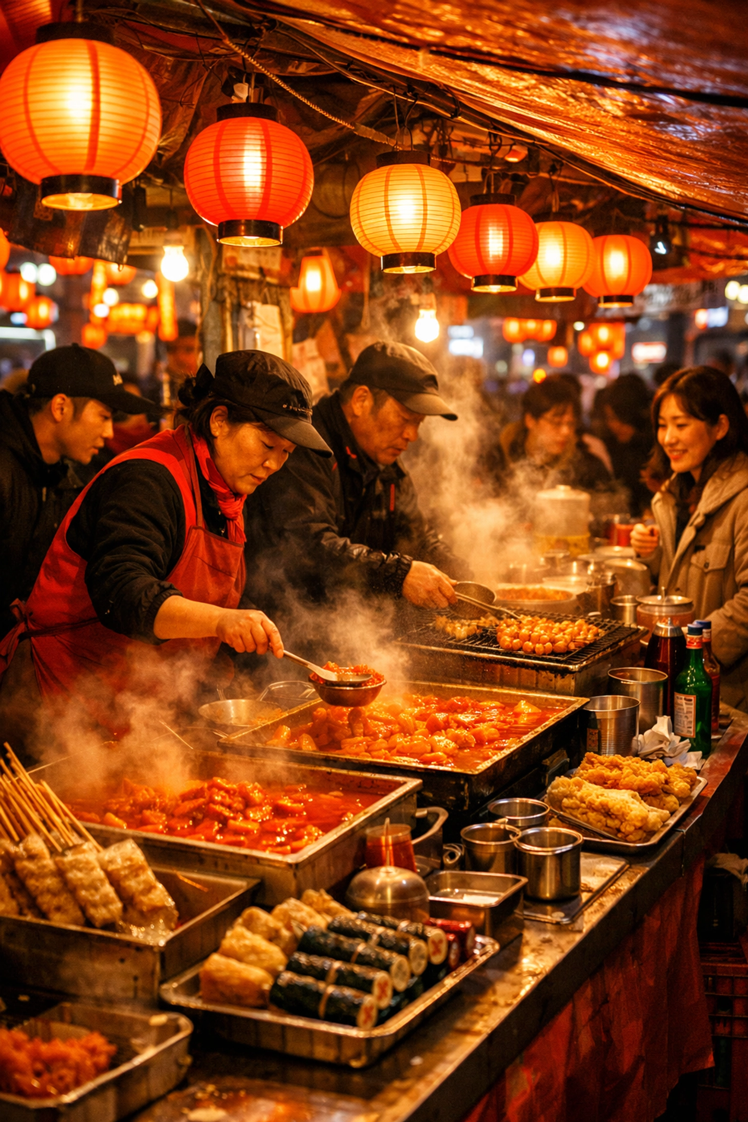 Korean street food stall in Seoul with steaming tteokbokki and glowing lanterns at night