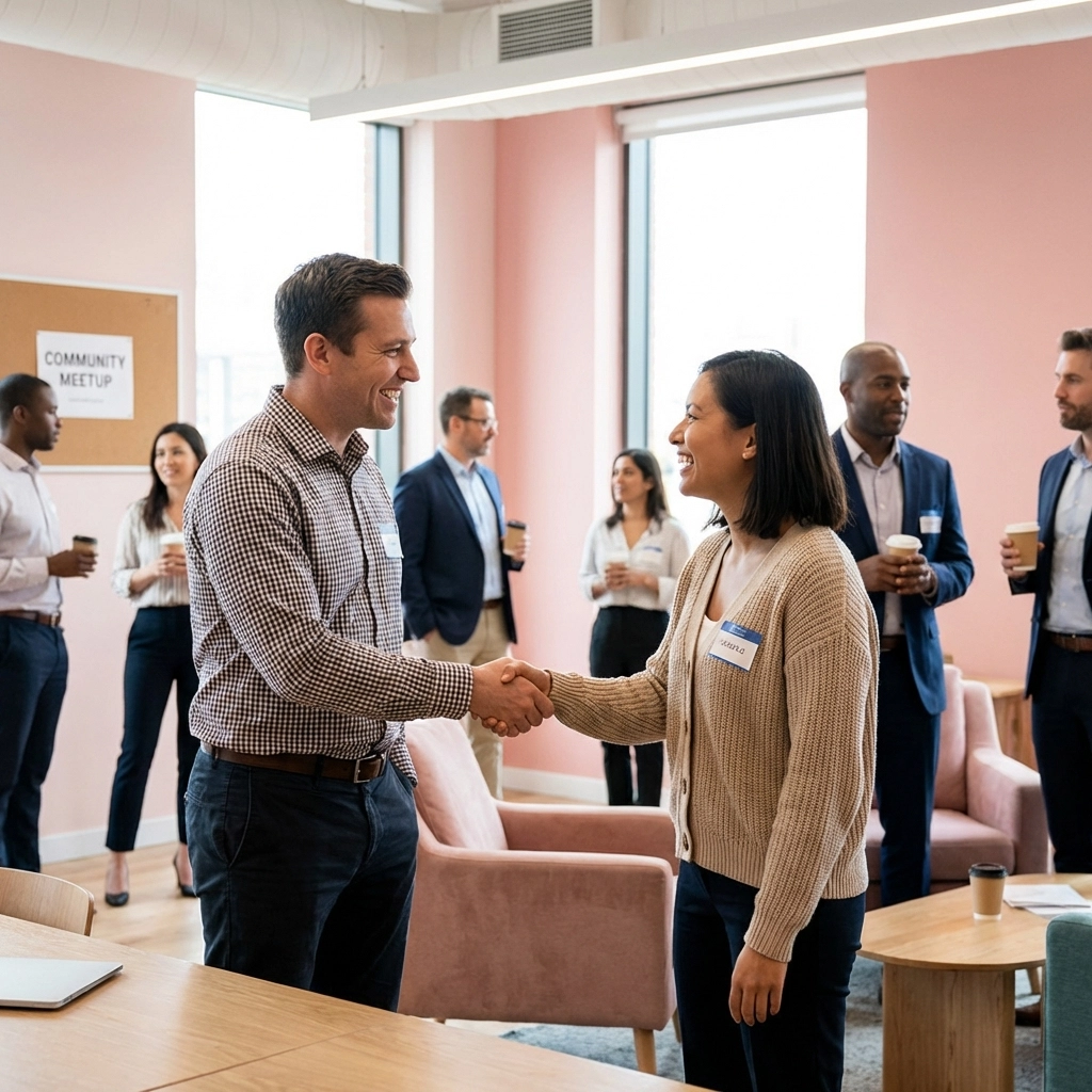 Two entrepreneurs shake hands at a networking event, building trust in a niche business group