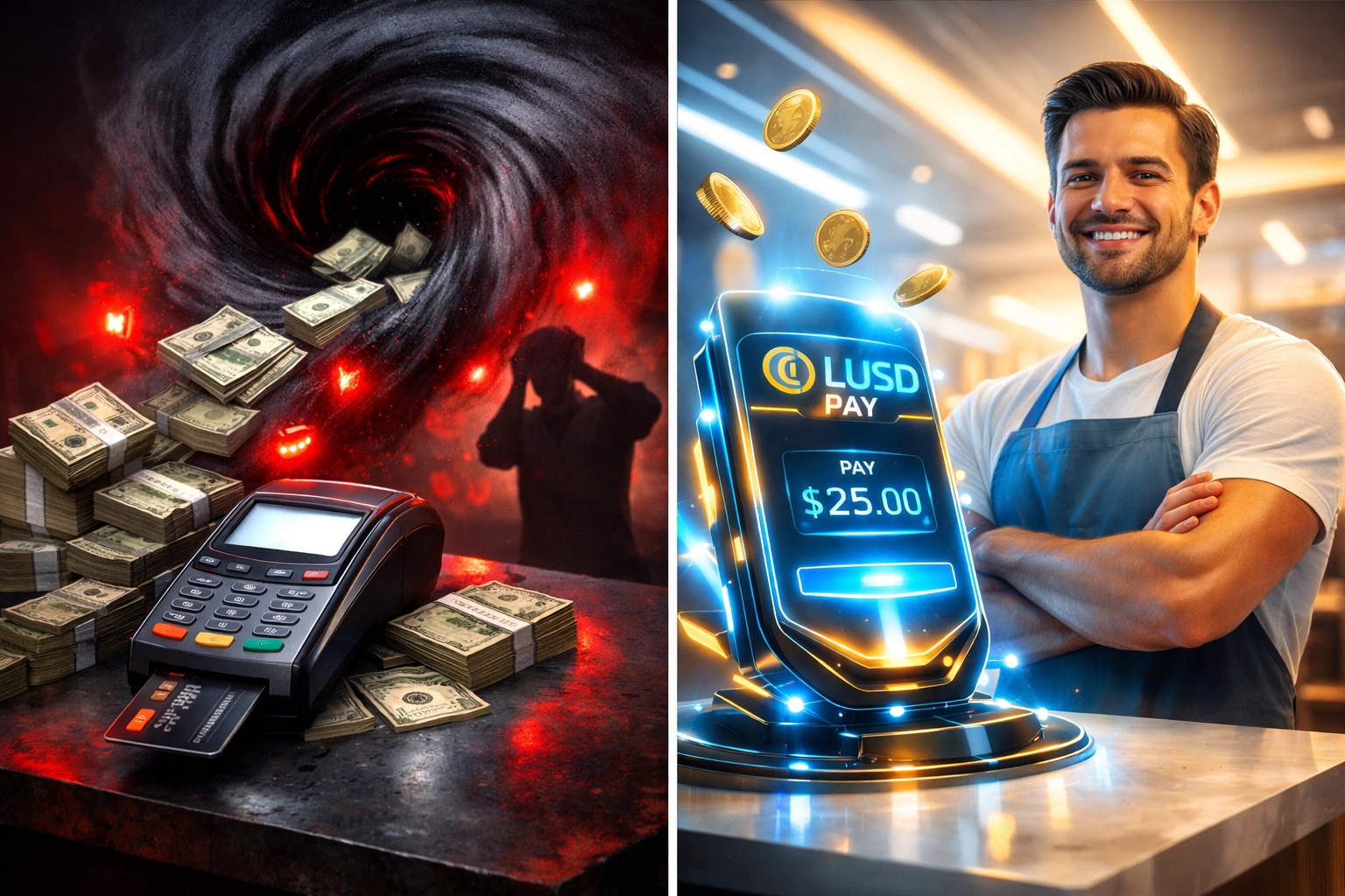 Traditional credit card fees draining merchant profits compared to low-cost LUSD stablecoin payments