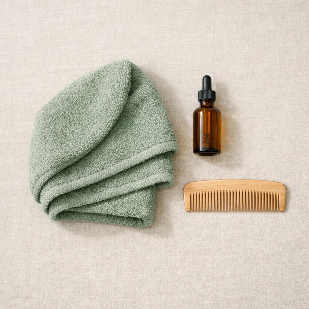 Microfiber towel with natural hair care products for frizz control and gentle drying