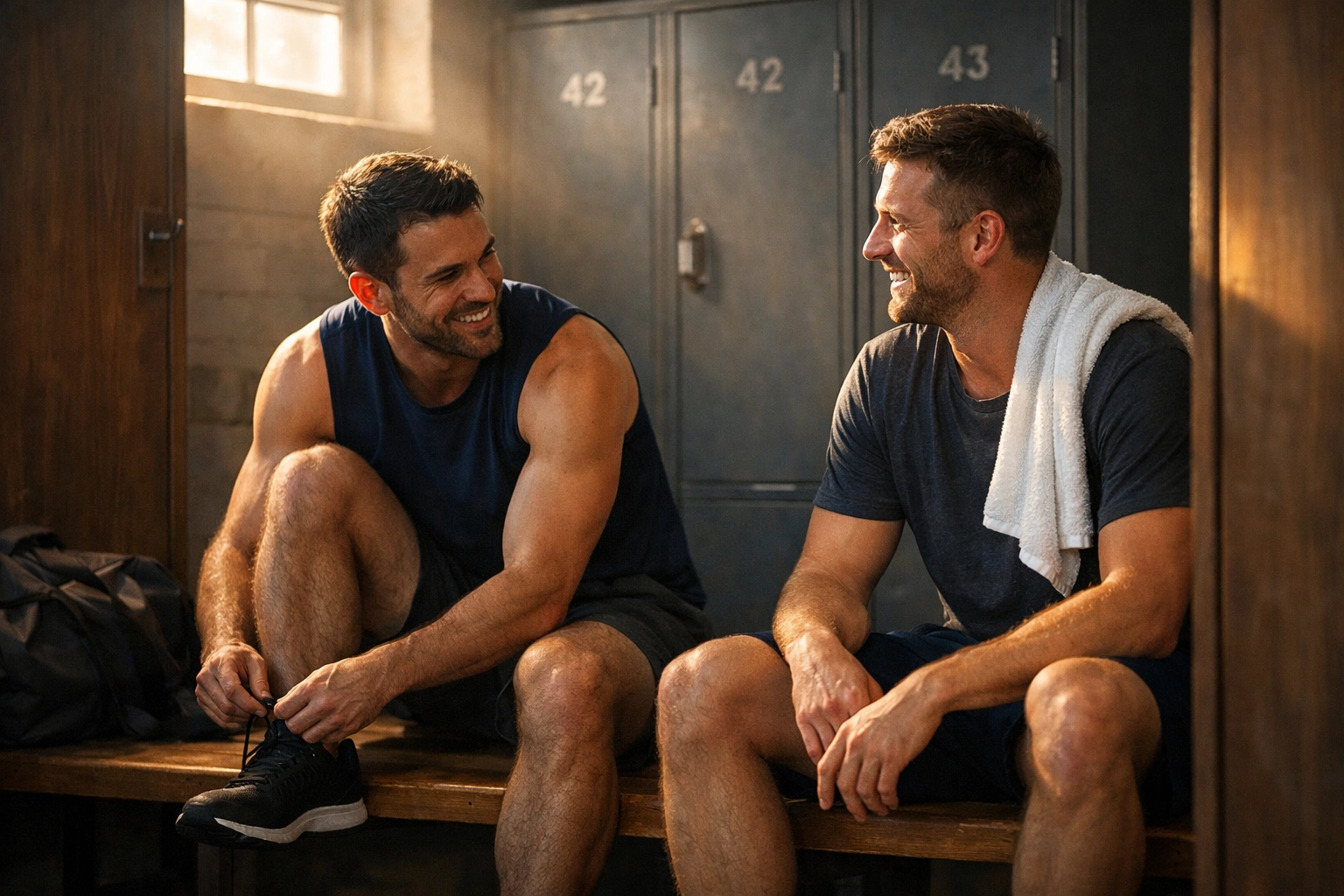 Two men talking on locker room bench between numbered lockers, gay romance connection moment