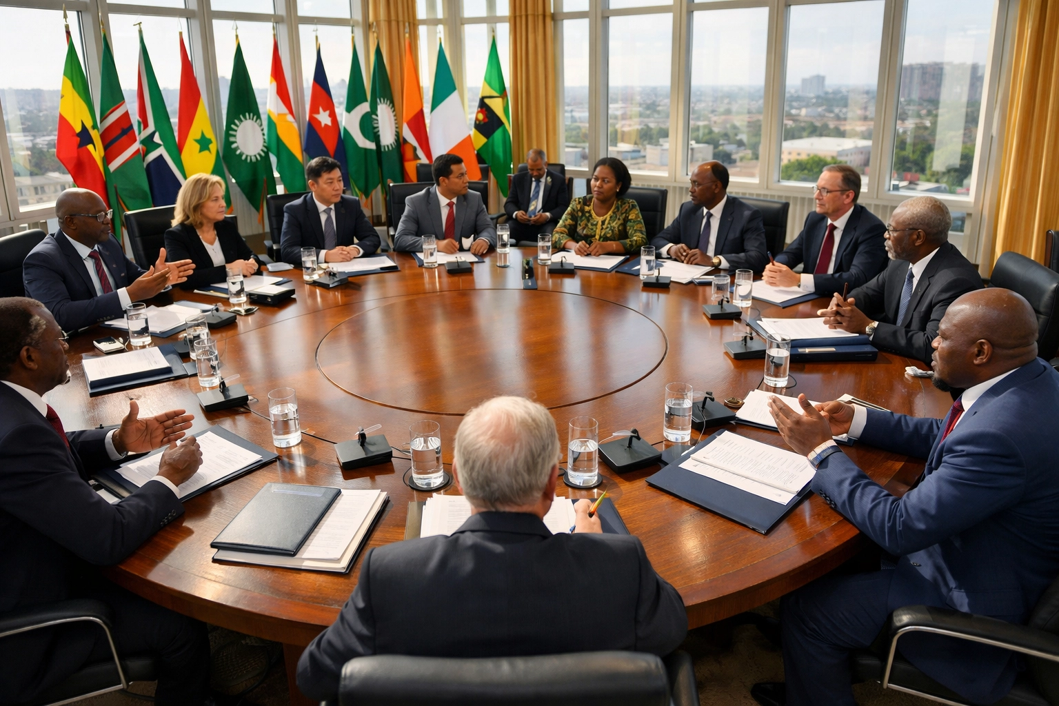 East African diplomats at peace negotiation table discussing regional conflict resolution