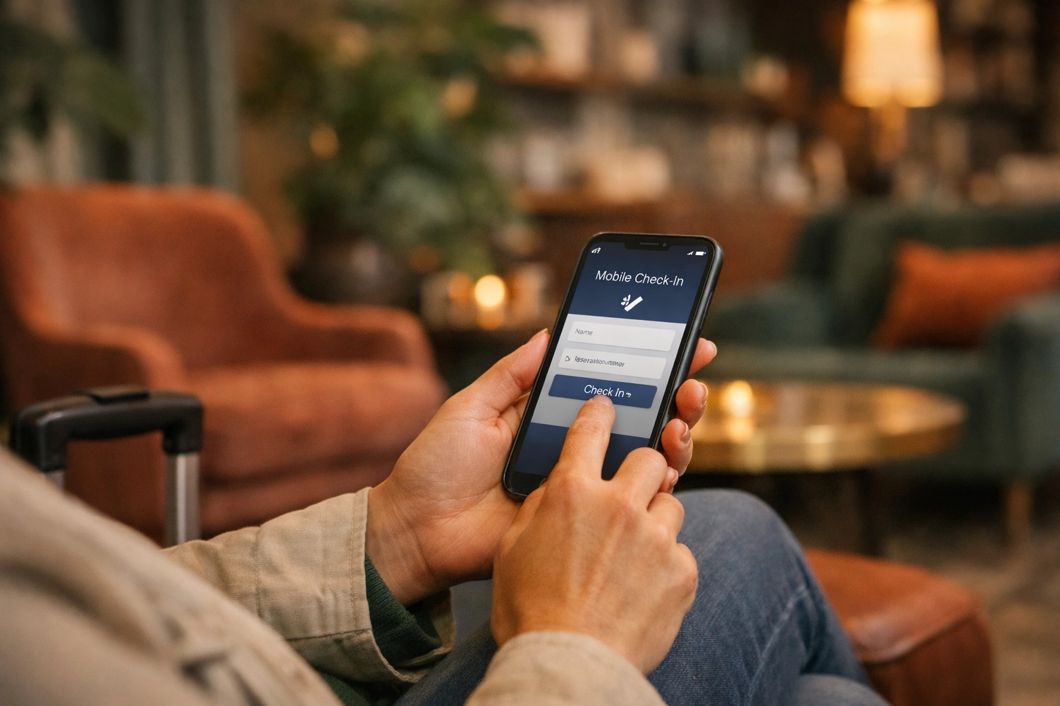 Hotel guest using a smartphone for mobile check-in in a modern boutique hotel lounge.