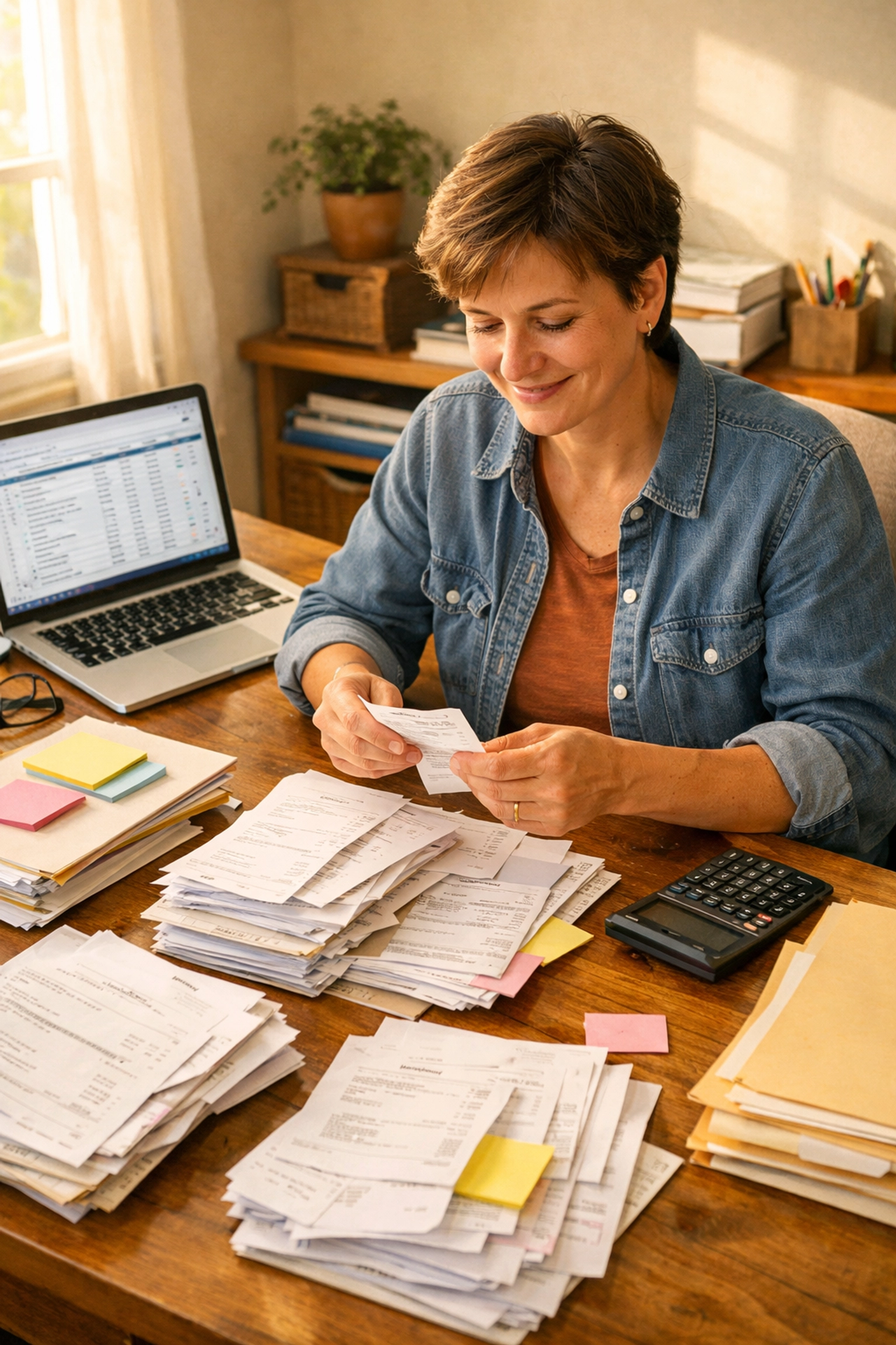 Small business owner organizing receipts and invoices for catch up bookkeeping