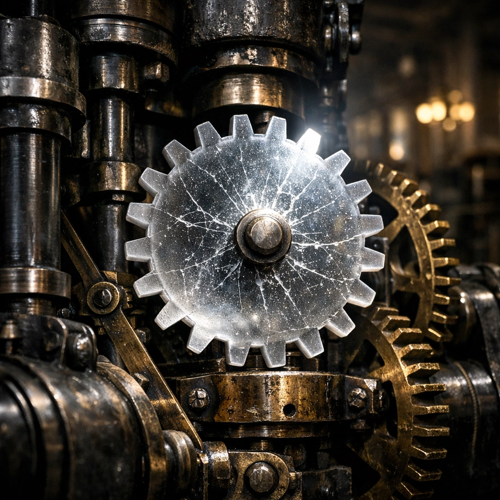A cracked glass gear in a machine, symbolizing the strain on Canada’s constitutional and institutional health.