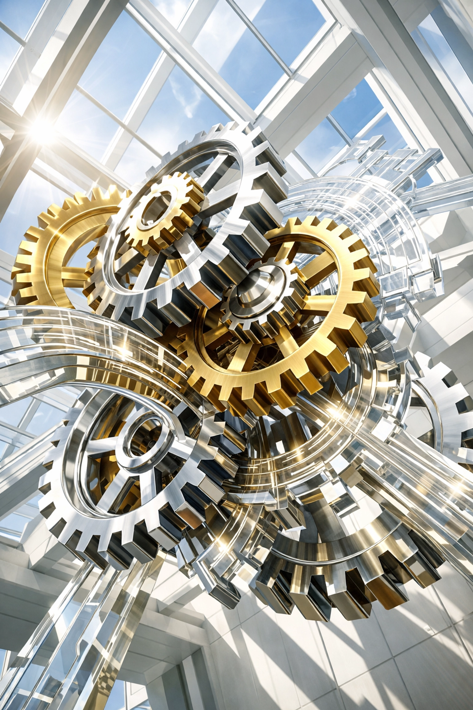 Interlocking gears and circuits representing efficient AI automation for small business growth and execution.