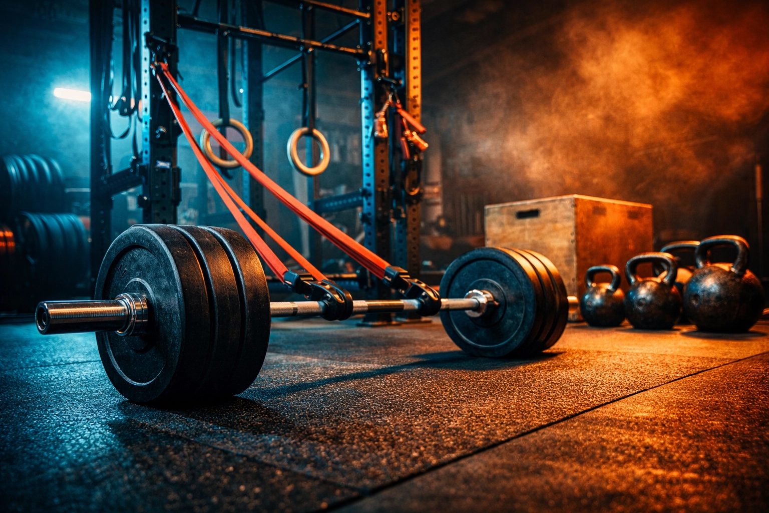 Professional home gym with an Olympic barbell, bumper plates, and floor-to-ceiling rail.