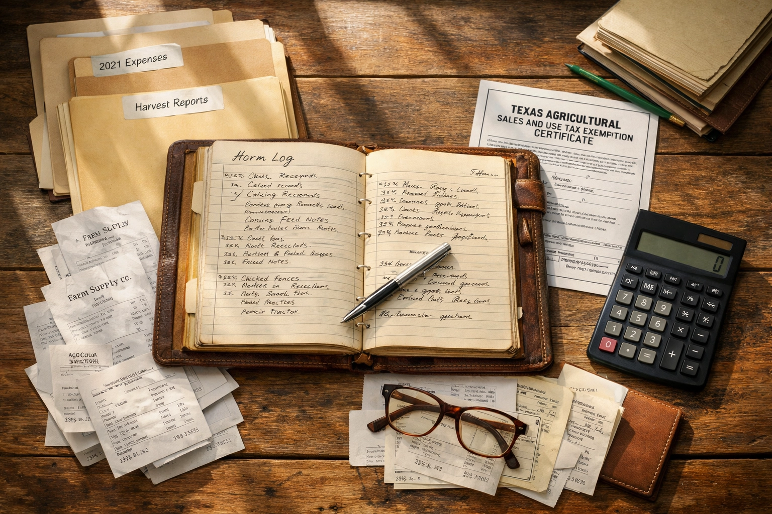 Agricultural exemption documentation, receipts, and farm records organized on table for CAD audit preparation