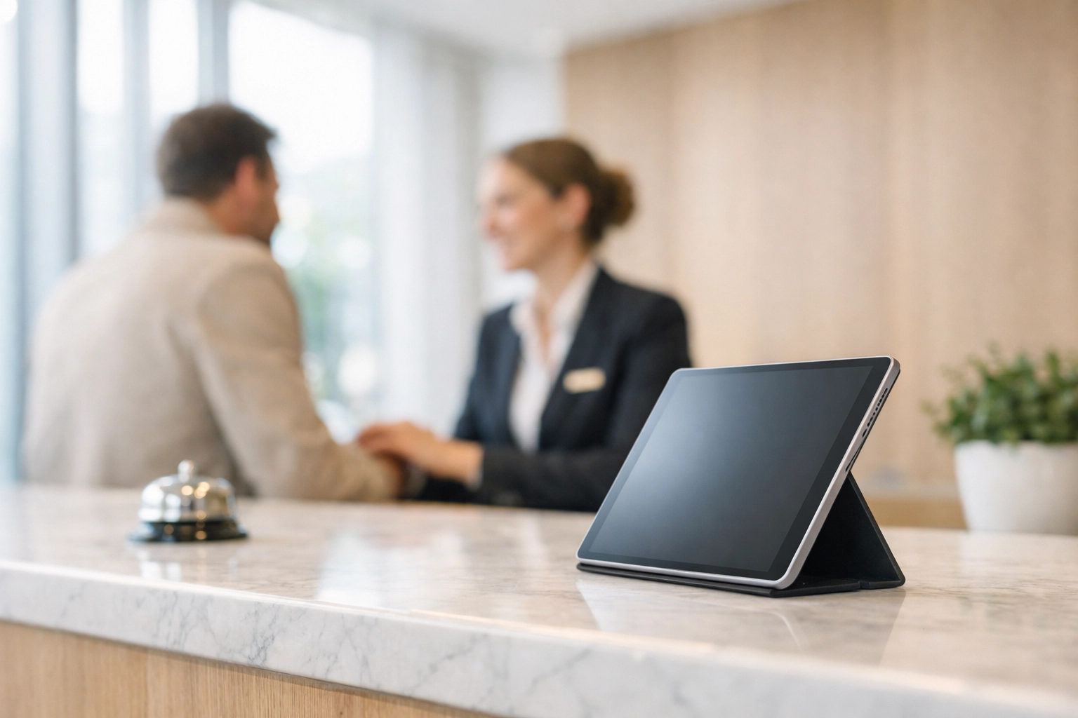 Modern hotel reception desk with a guest experience tablet for automated check-in.
