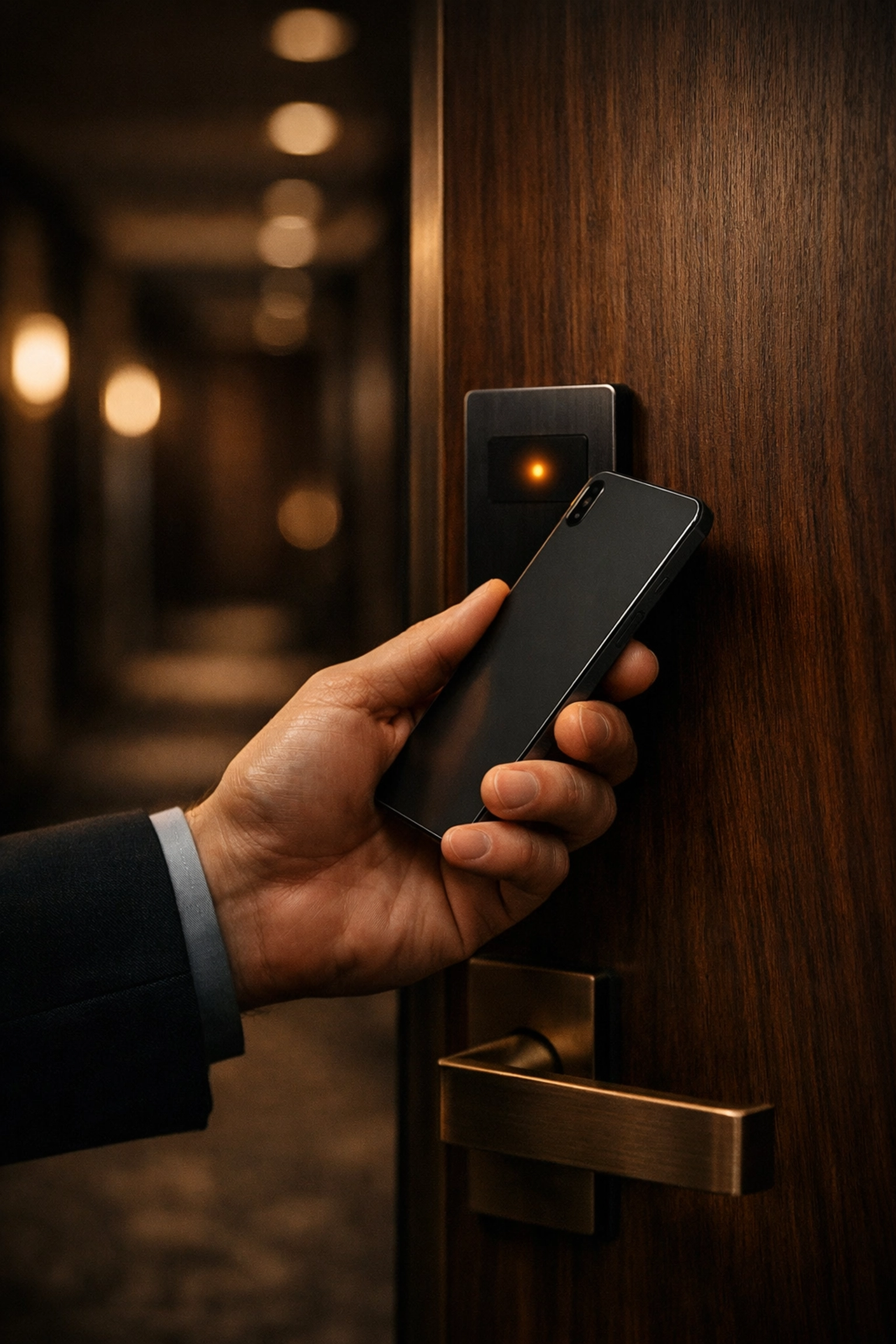 A guest using a digital room key on a smartphone for contactless entry to their hotel room.