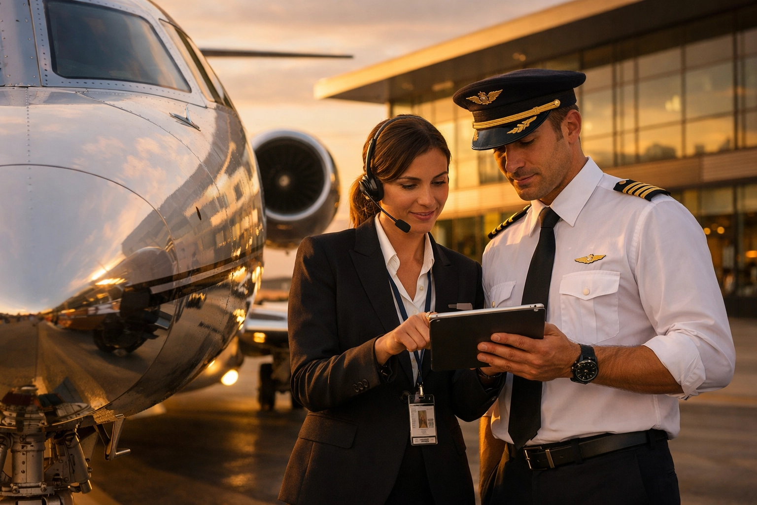A flight coordinator and pilot preparing for a private jet charter departure at a luxury FBO terminal.