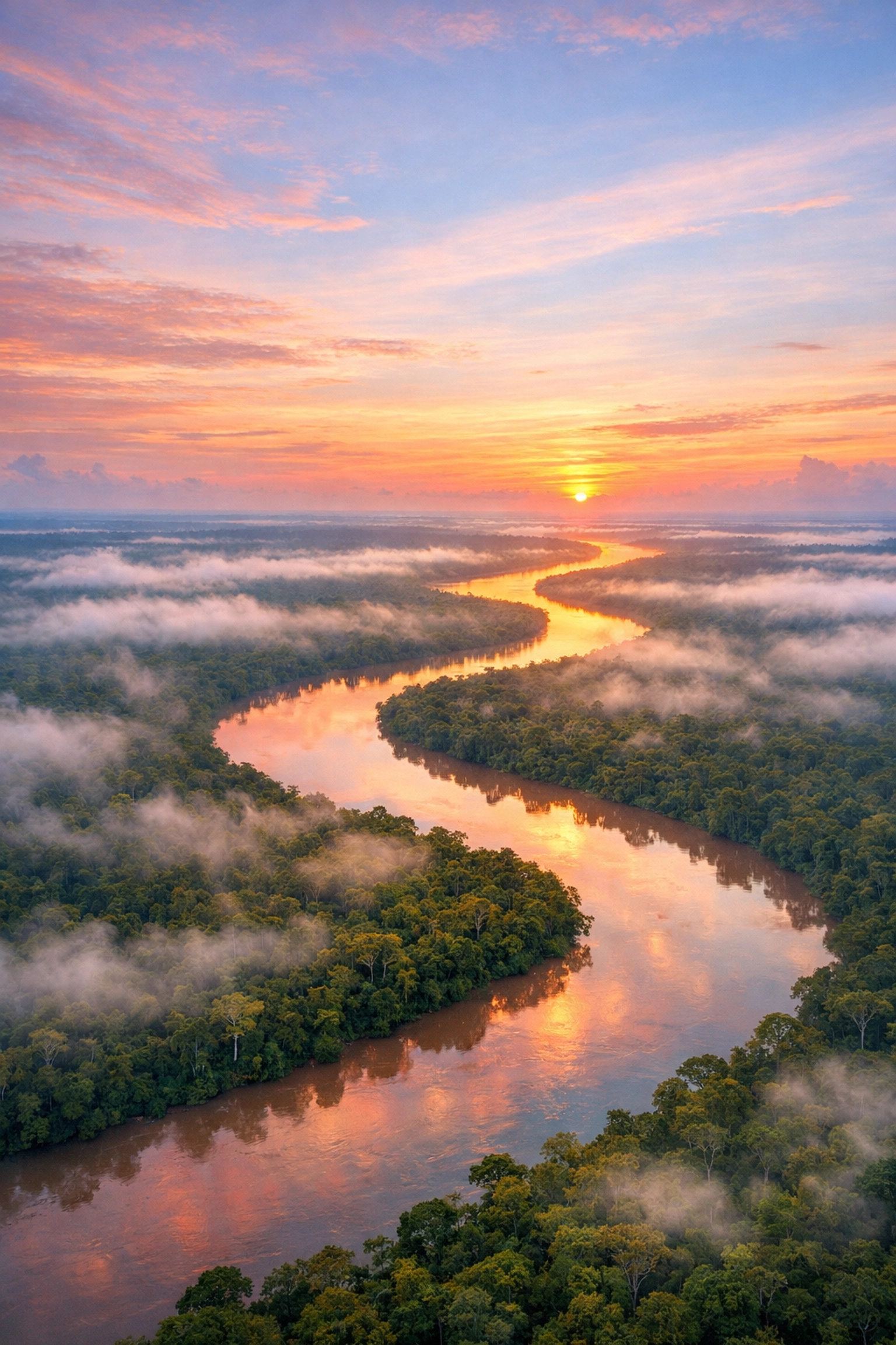An aerial view of the Amazon River at sunrise, representing spiritual hope and renewal.