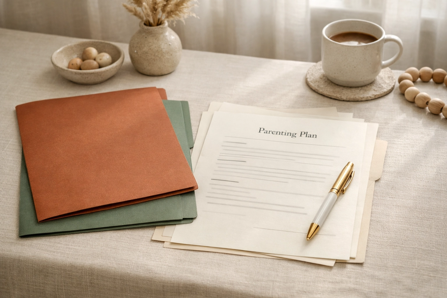 Child custody Spotsylvania VA planning folders and parenting plan papers on a Business Boho desk in terracotta, sage, and cream