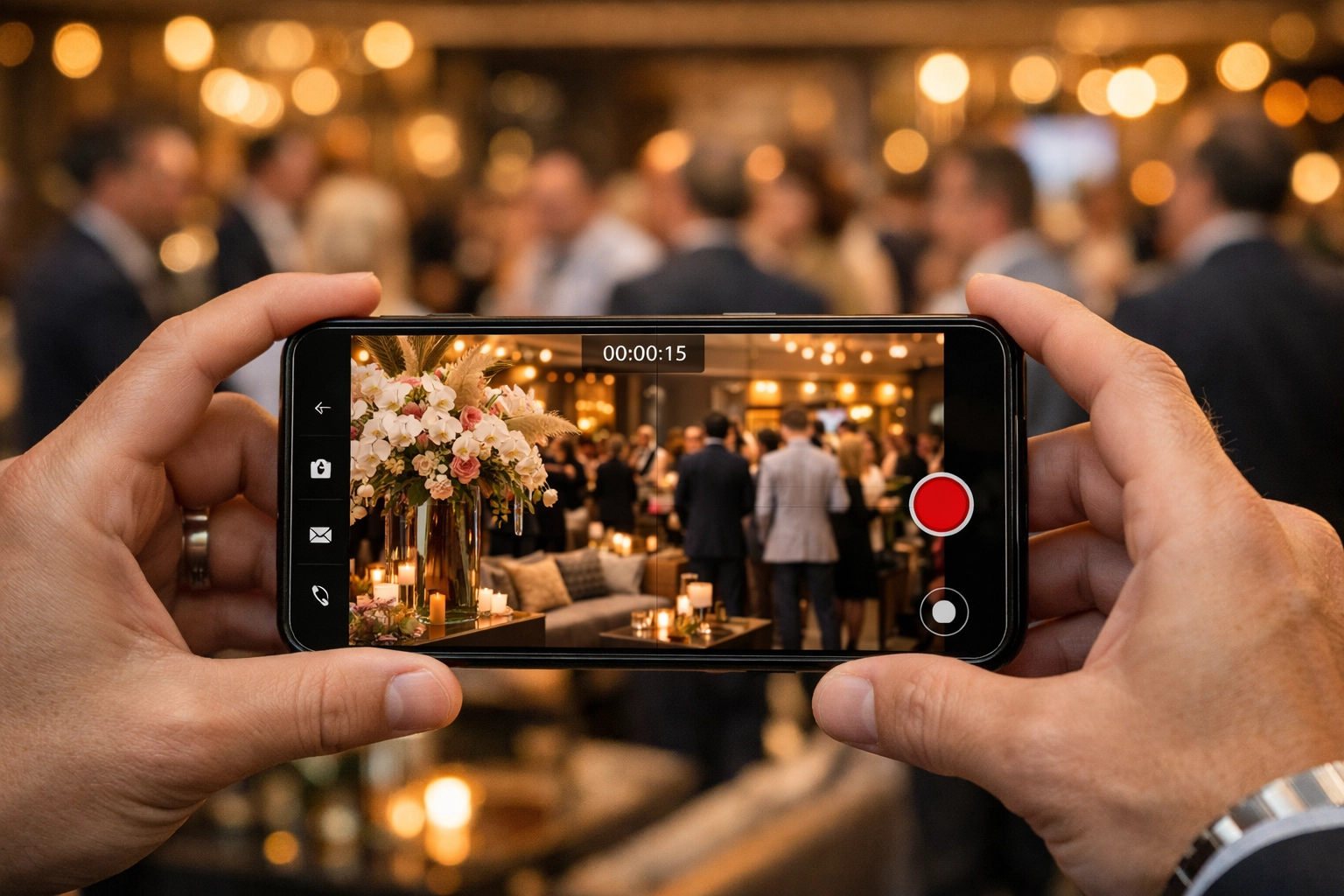 Executive capturing digital brand integration at a corporate hospitality event during the Super Bowl.