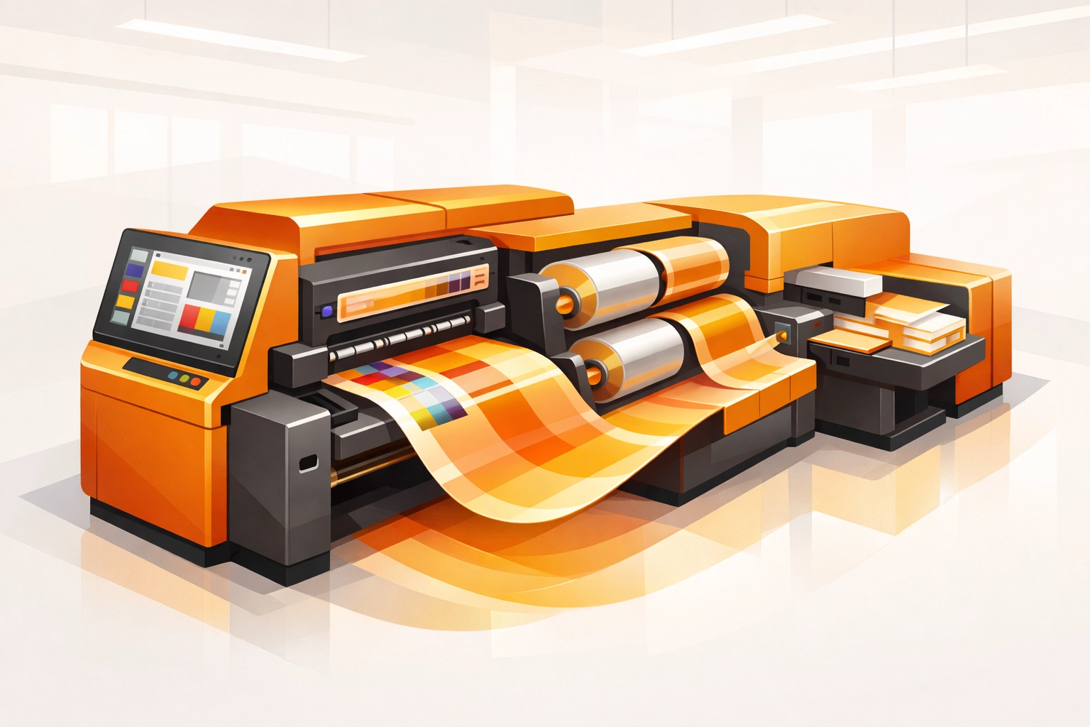 Integrated hybrid printing machine with consolidated workflow components for efficient production