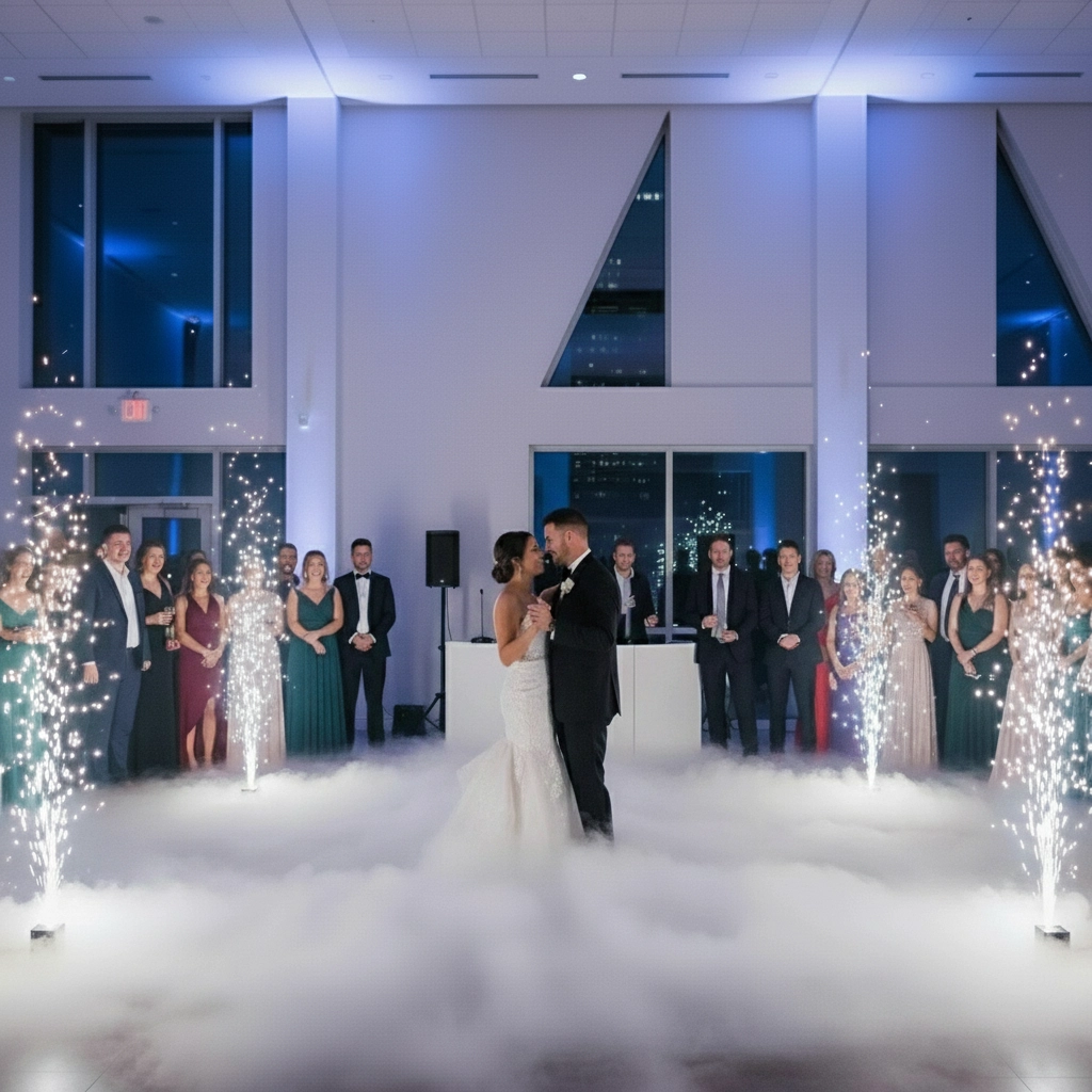 Couple dancing surrounded by clouds and sparks because of your wedding DJ in Houston, Texas