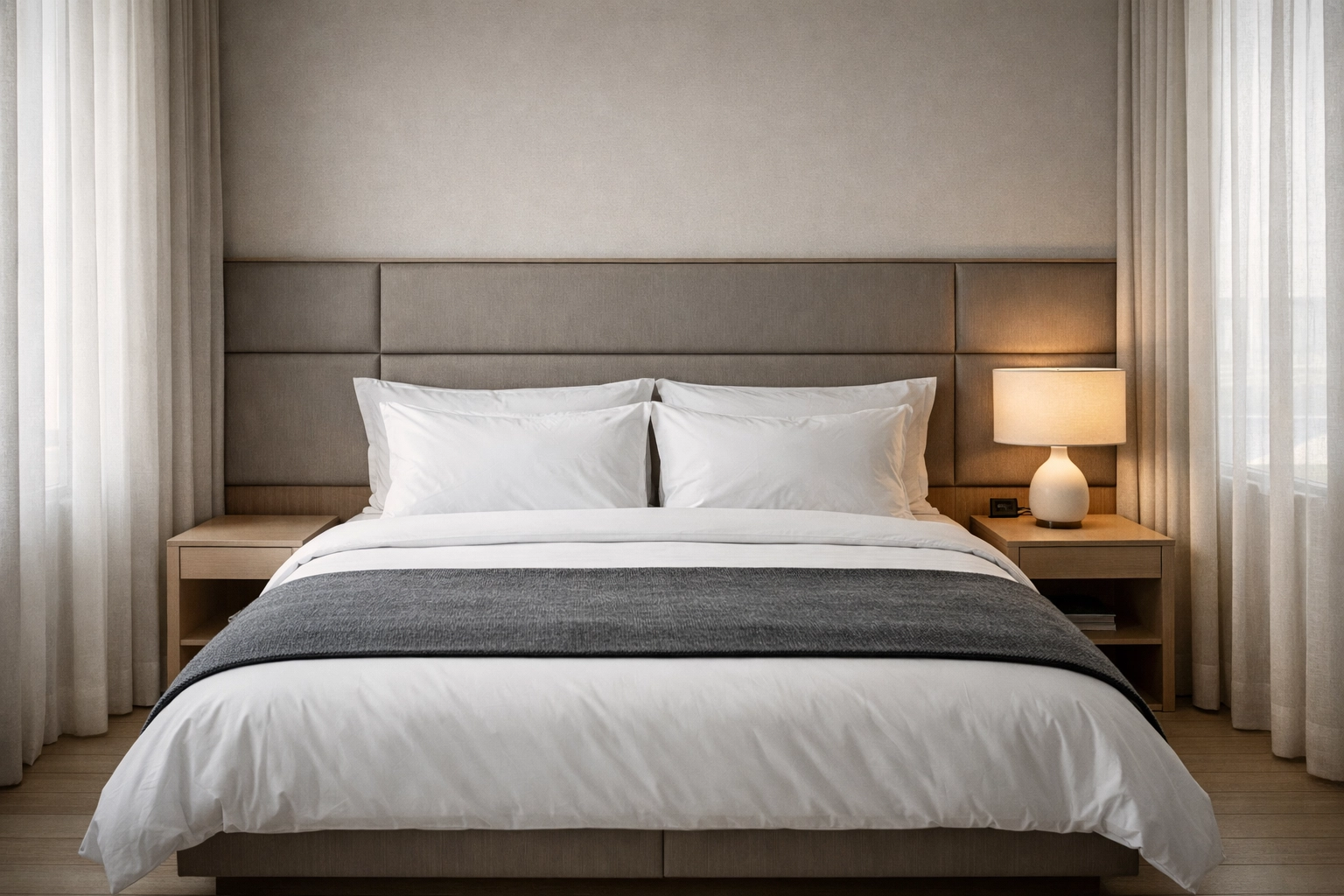 Minimalist hotel suite interior representing organized and efficient hotel operations and room management.