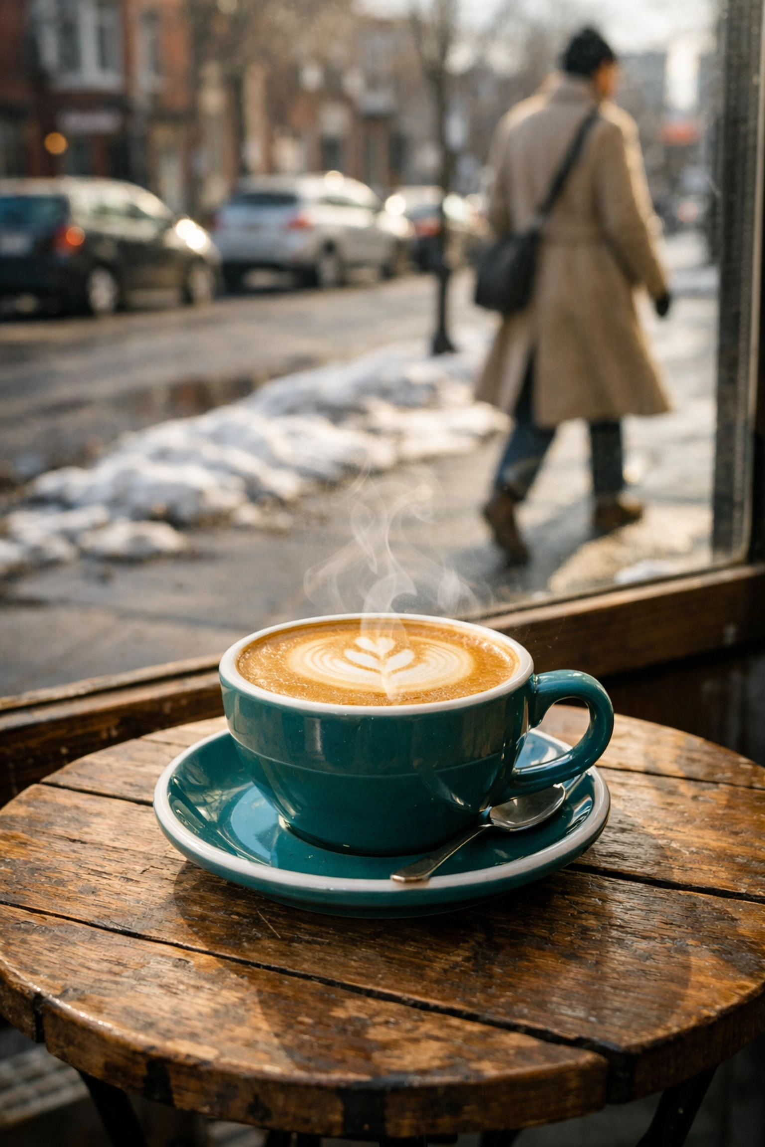 Steaming latte in a teal cup on a café table overlooking a slushy Montreal street in early spring.