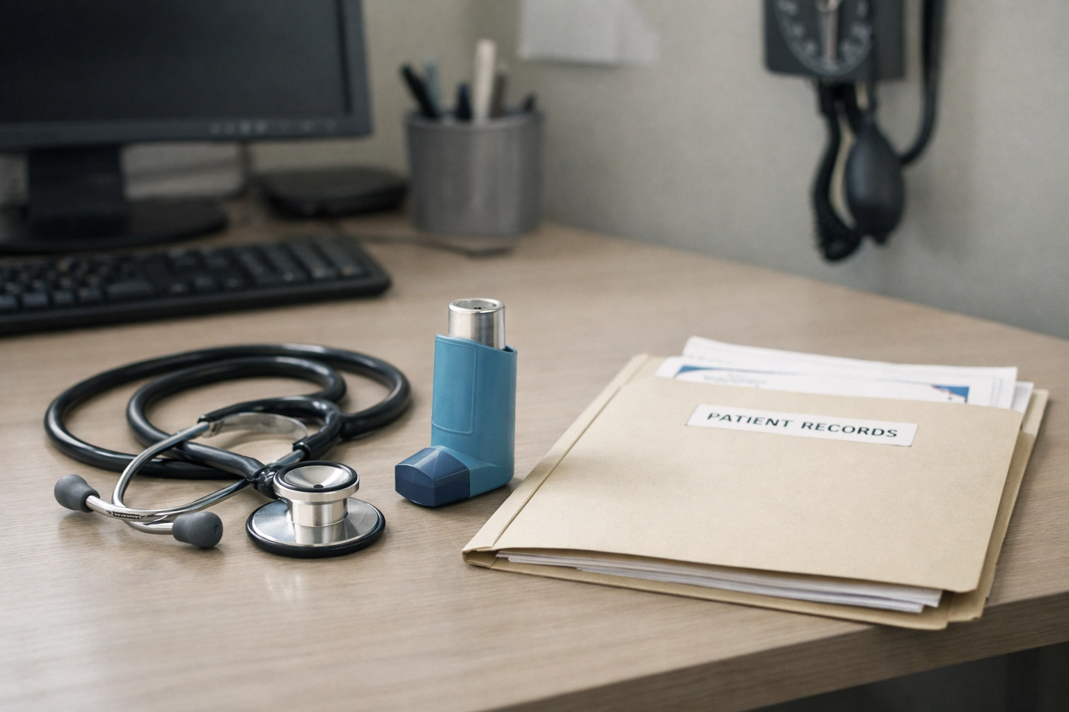 Stethoscope and inhaler on a primary care desk, highlighting diagnostic gaps in NHS respiratory services.
