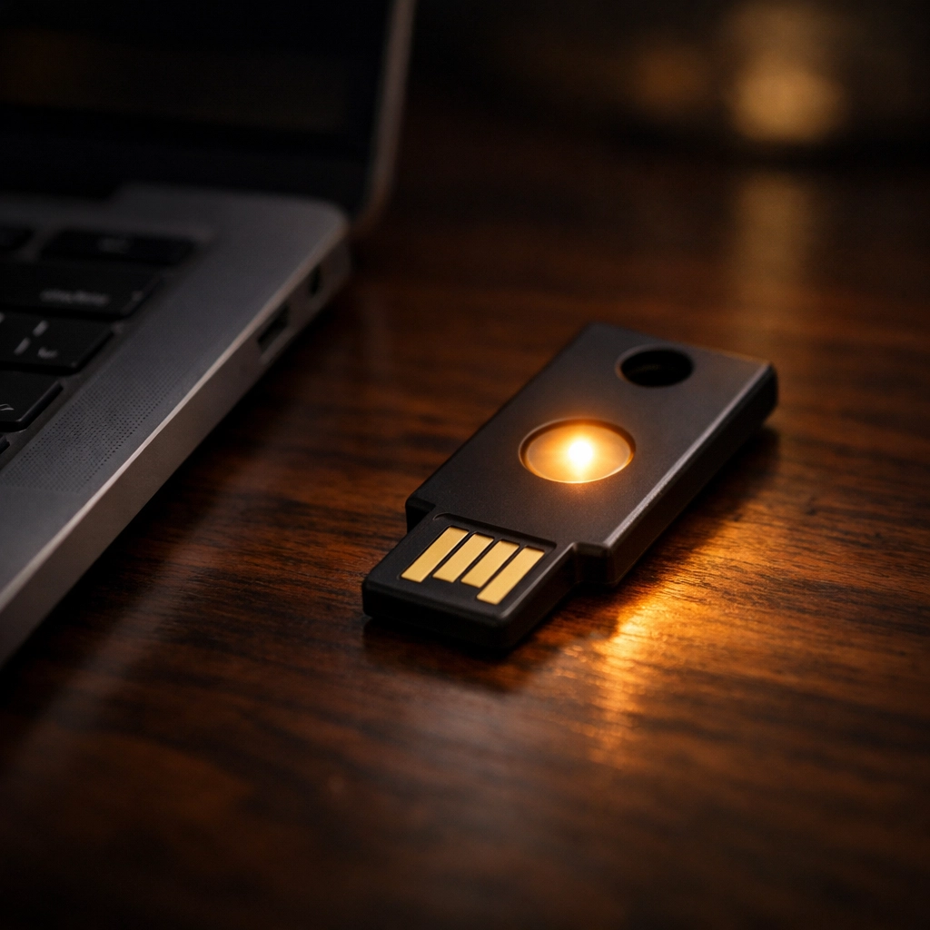 Sleek hardware security key on a desk used for physical authentication and high-level account protection.