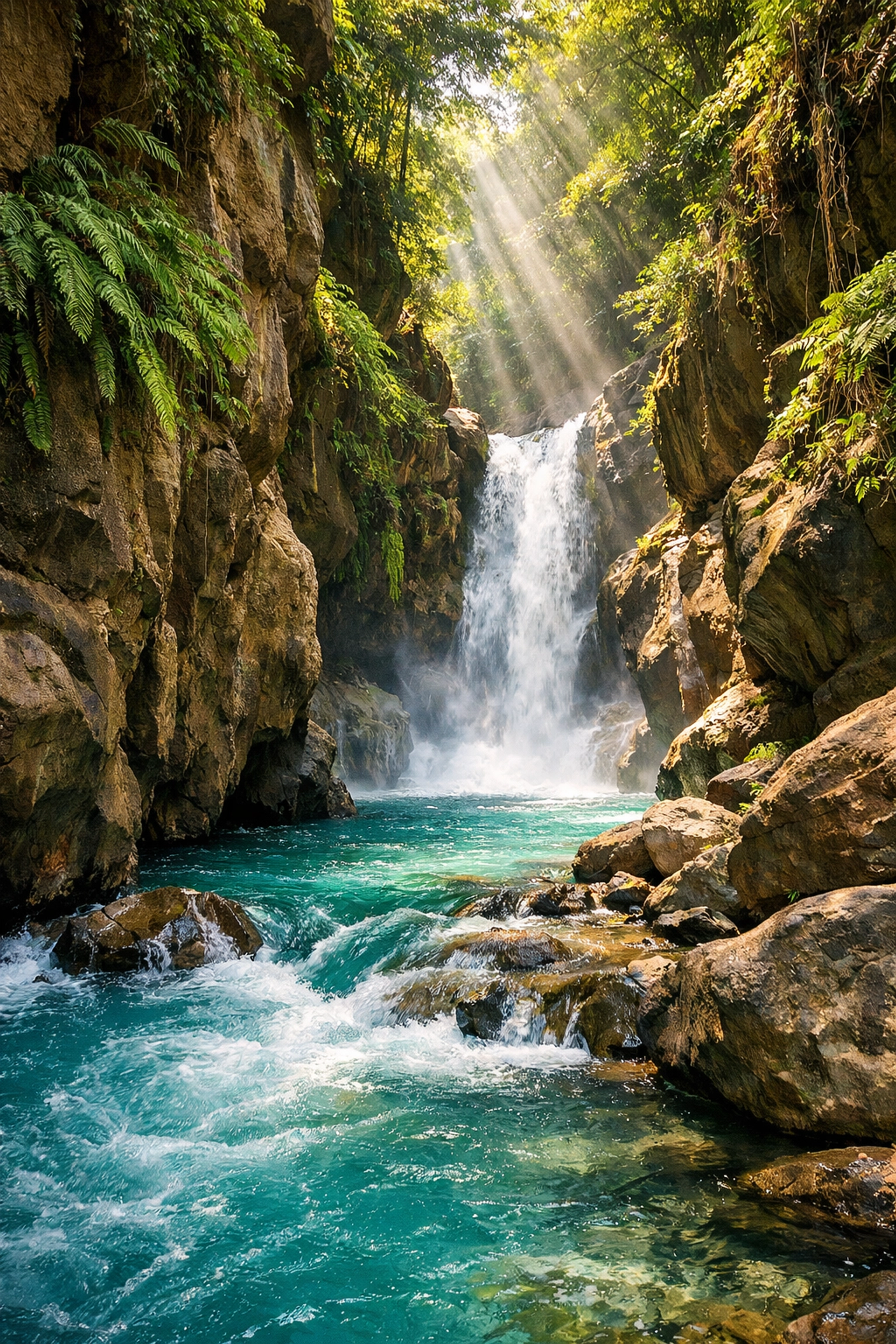 Tropical canyon and turquoise river at La Leona Waterfall near Liberia, Costa Rica.