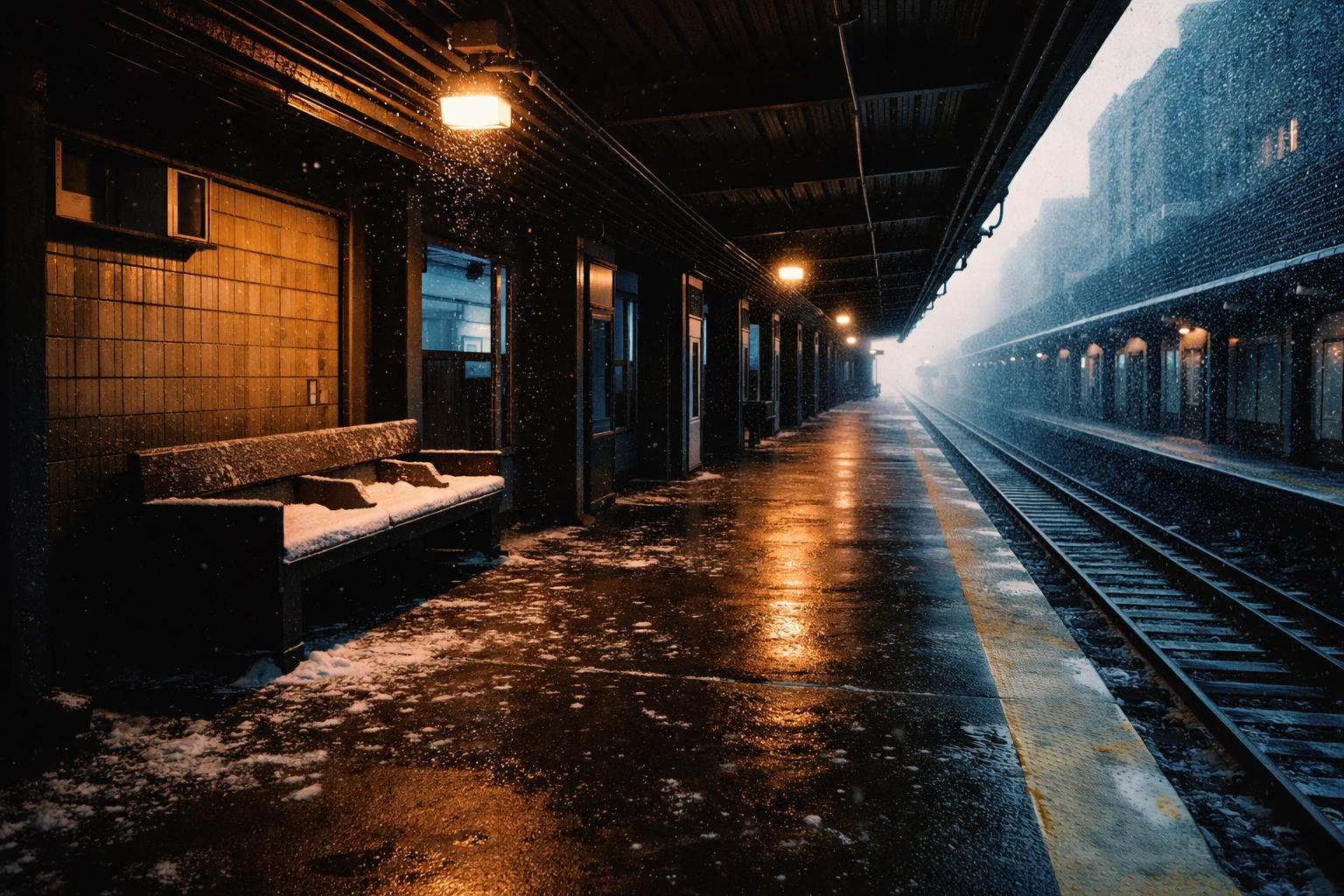 Empty L-train subway platform in snowy Brooklyn, illustrating mobile phone repair convenience over NYC train delays