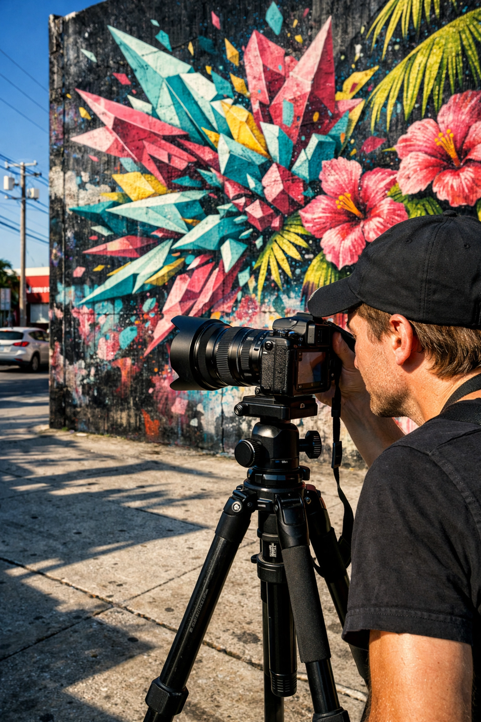 Professional photographer shooting a vibrant mural in Wynwood, a hub for commercial photography in Miami.