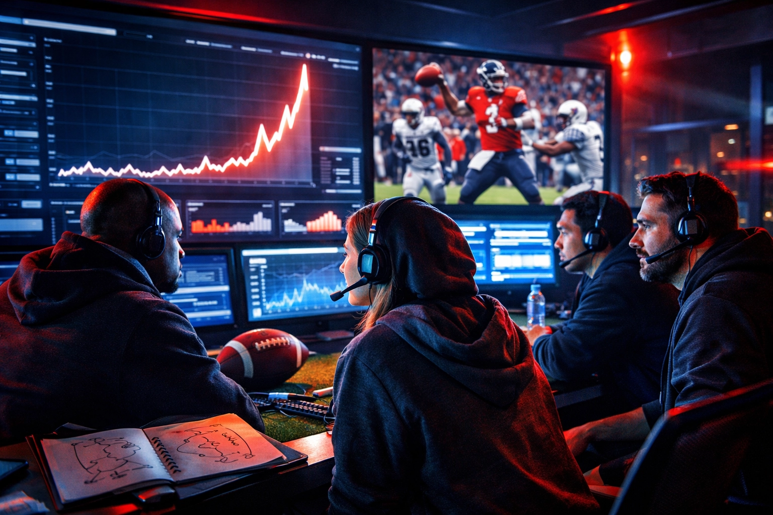 Marketing team in a digital war room tracking a real-time website traffic spike during the Super Bowl.