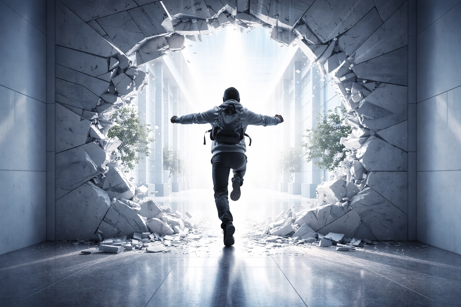 Person breaking through a barrier into a vibrant world, illustrating the successful transfer of learning from leadership development programs.