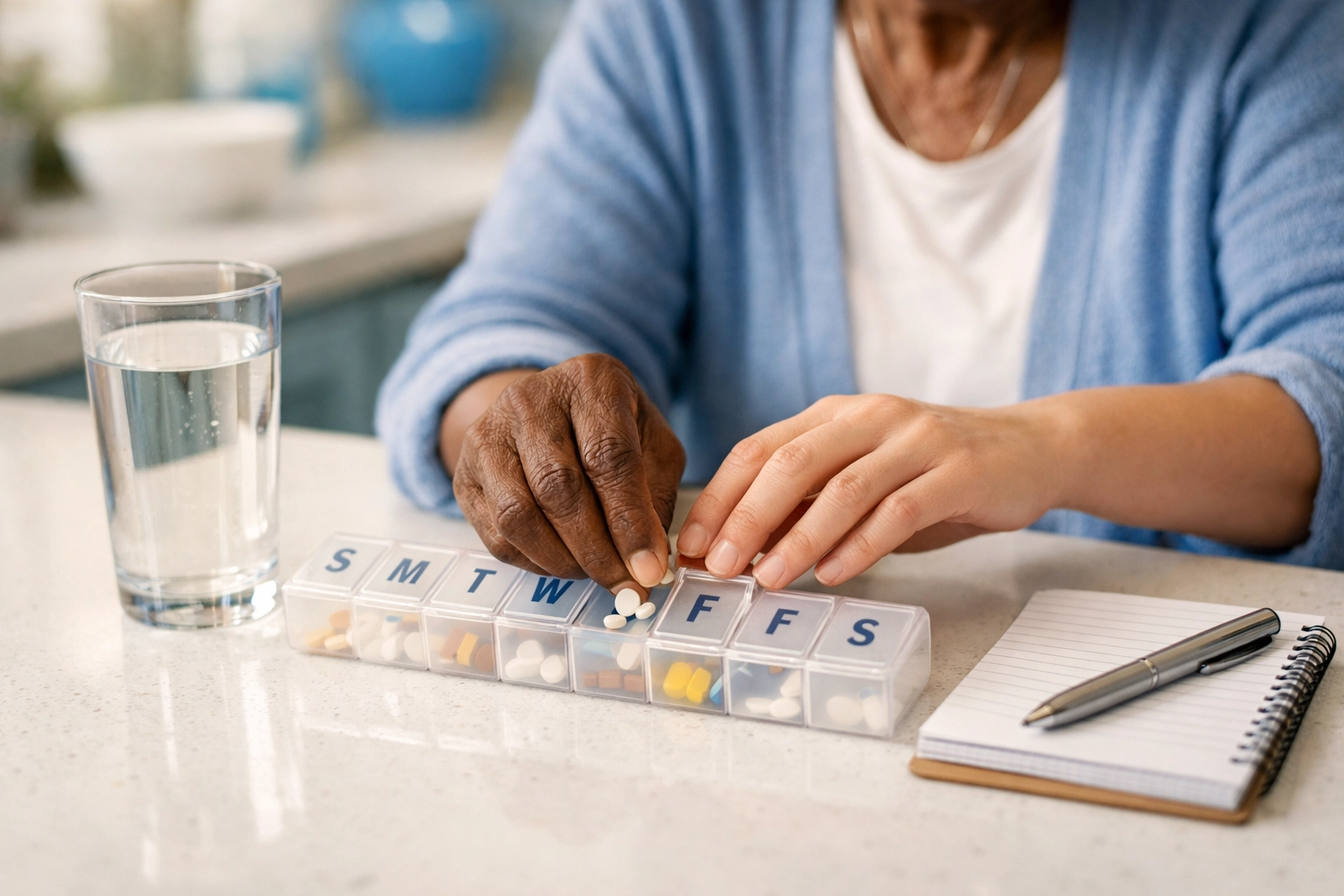 Caregiver assisting a senior with medication management and health tracking at a kitchen counter for better wellness.