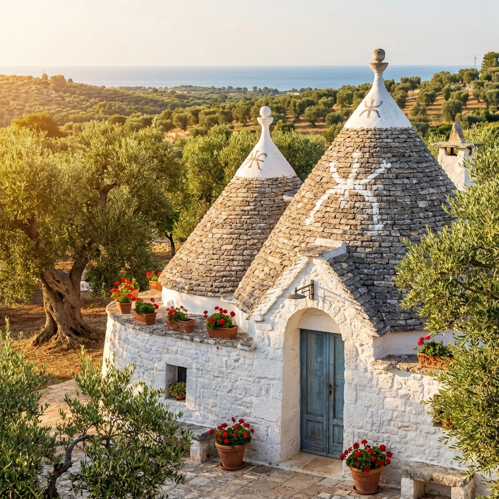 Charming trullo house in Puglia, Italy surrounded by olive groves, highlighting authentic Italian countryside luxury travel.