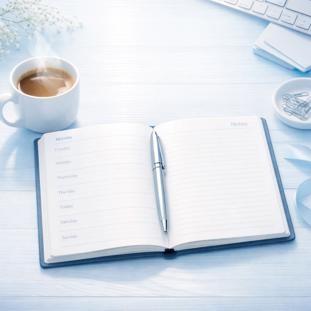 Organized desk with a planner and coffee, showing the peace of mind provided by Martana Bookkeeping.