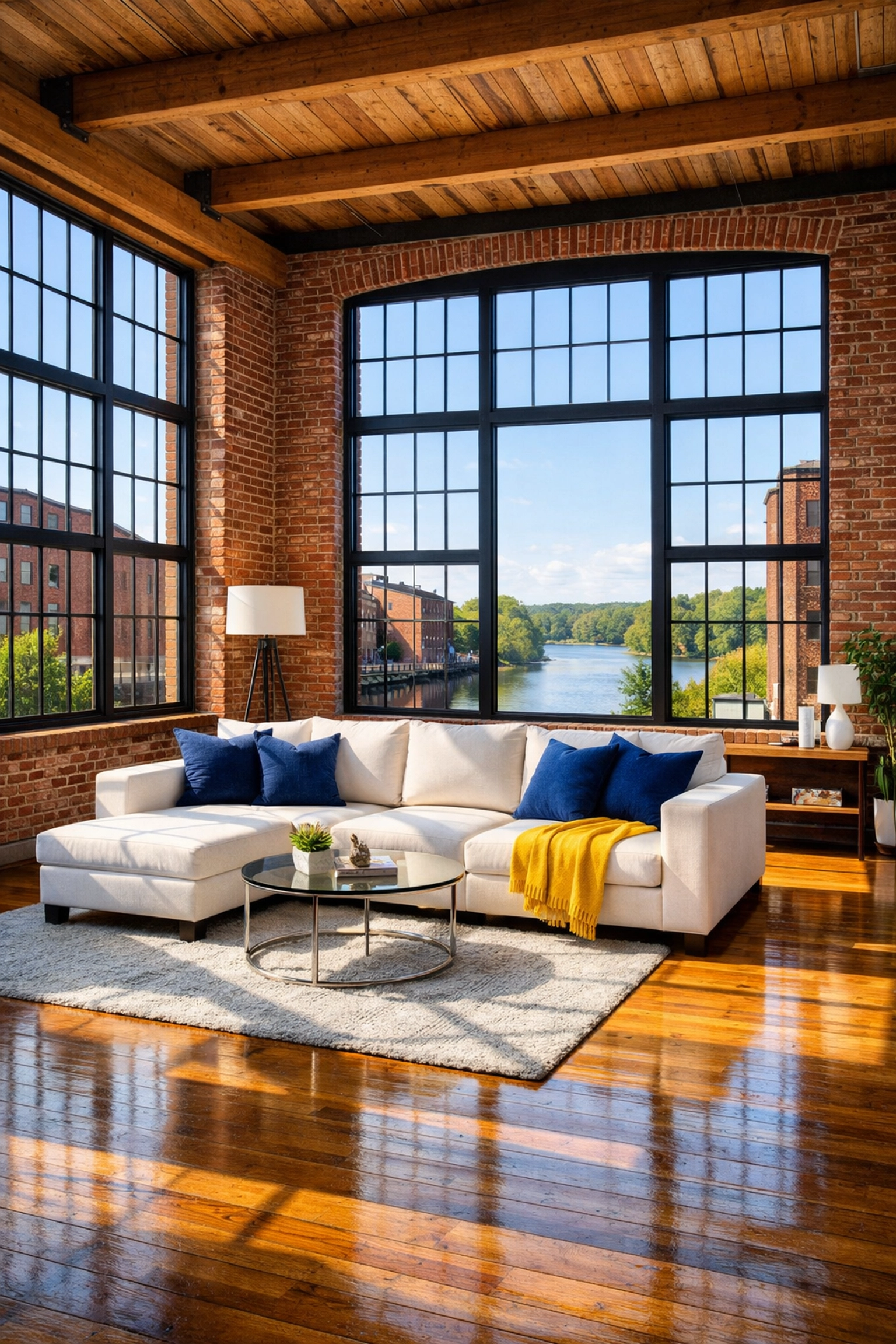 Sun-drenched Lowell MA loft with canal views, professionally tidied by maid services Lowell.