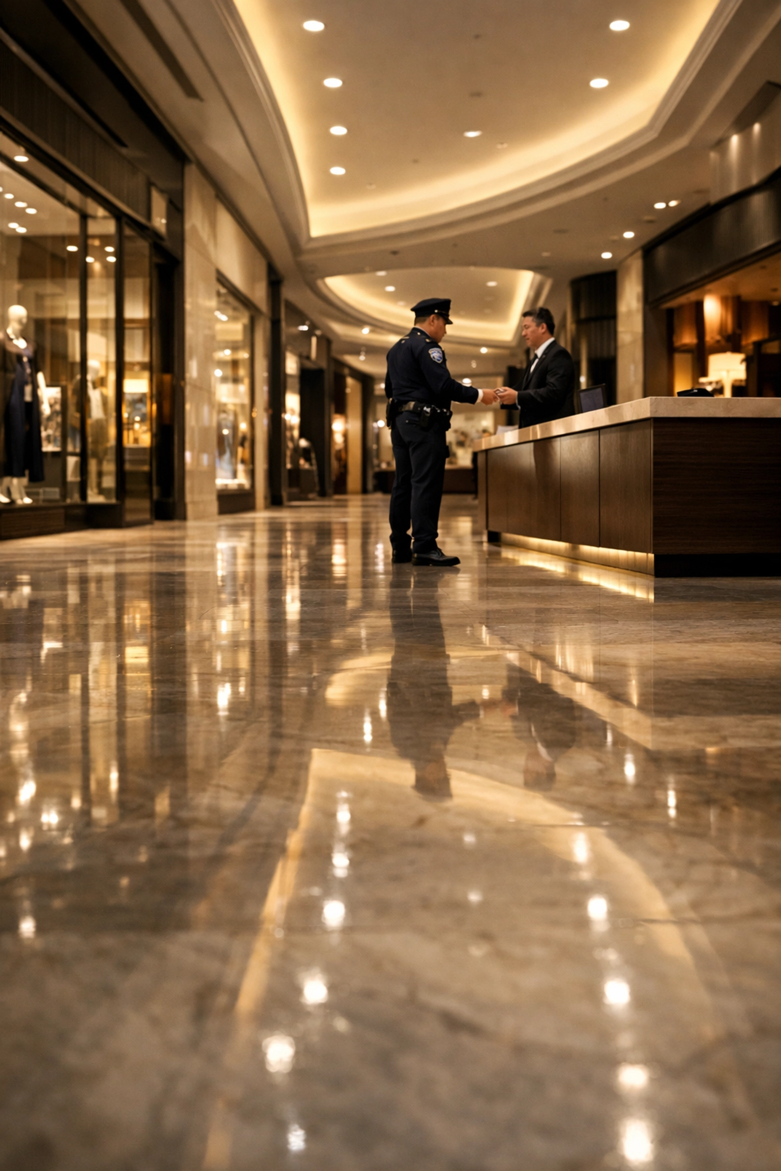 Professional security officer and concierge in a high-end retail facility for KGFM nationwide services.