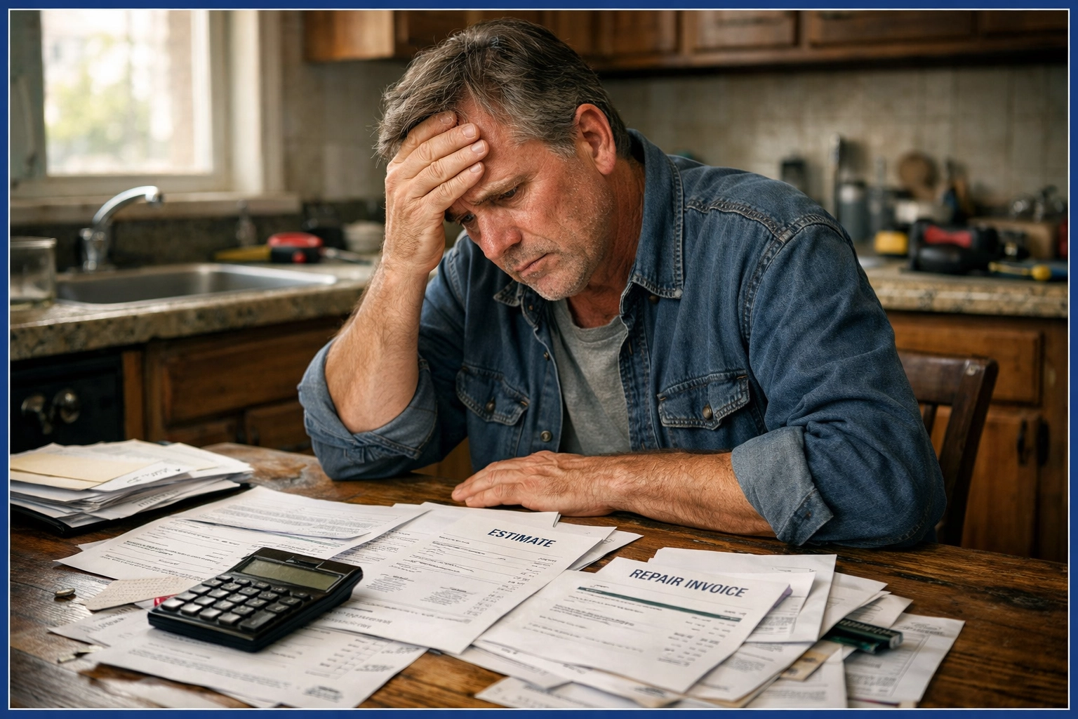 Homeowner overwhelmed by costly repair estimates and contractor invoices before selling house Homeowner overwhelmed by costly repair estimates and contractor invoices before selling house